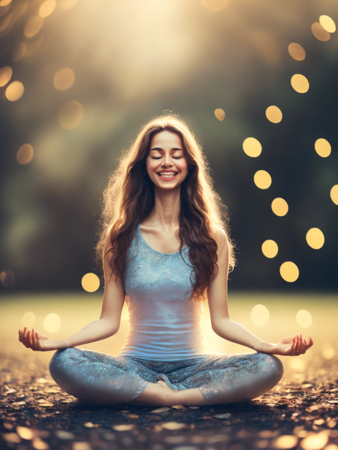 Best Quality, Masterpiece, Super High Resolution, (Realism: 1.8), Original Photo, 1girl, Deep Shadow, Unobtrusive, Cold Light, A woman looking up at the sky in the lotus position floating above the ground, smiling slightly happily after receiving a flash of light from the sky