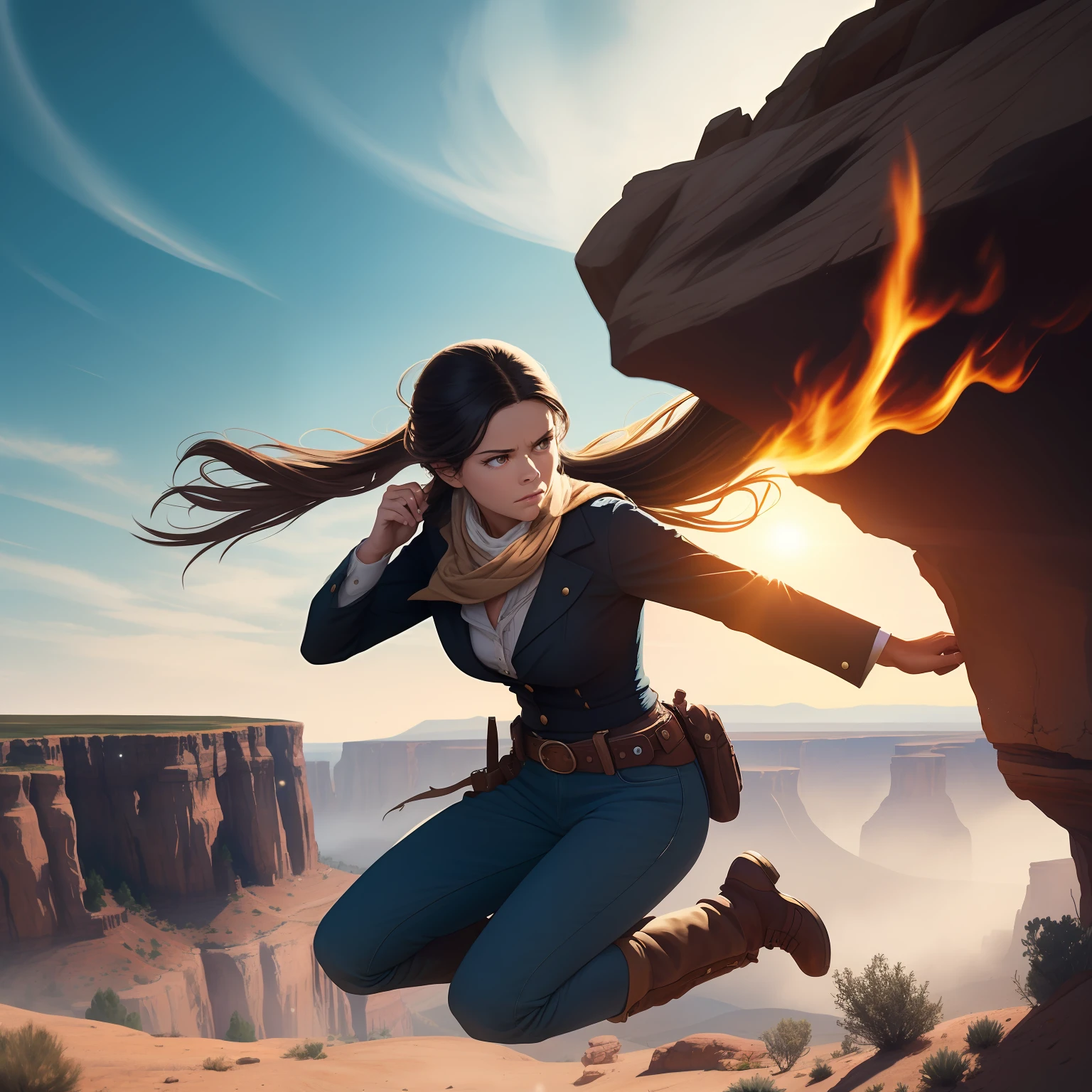 Design a captivating Western book cover image that encapsulates the essence of "She Fast and Deadly." This gripping novel follows the thrilling journey of a remarkable female protagonist through the untamed landscapes of the Wild West. Illustrate her fearless nature and exceptional skills through a visually striking scene that showcases her speed, agility, and deadly accuracy. Embrace the rugged beauty of the Western terrain with elements such as rolling plains, majestic canyons, or an iconic Western town. Let the cover convey a sense of action, mystery, and danger, drawing readers into the heart-pounding adventures of this remarkable heroine. Remember not to include any text or words directly on the picture, allowing the design itself to intrigue readers and beckon them to explore the extraordinary world within the pages. --auto