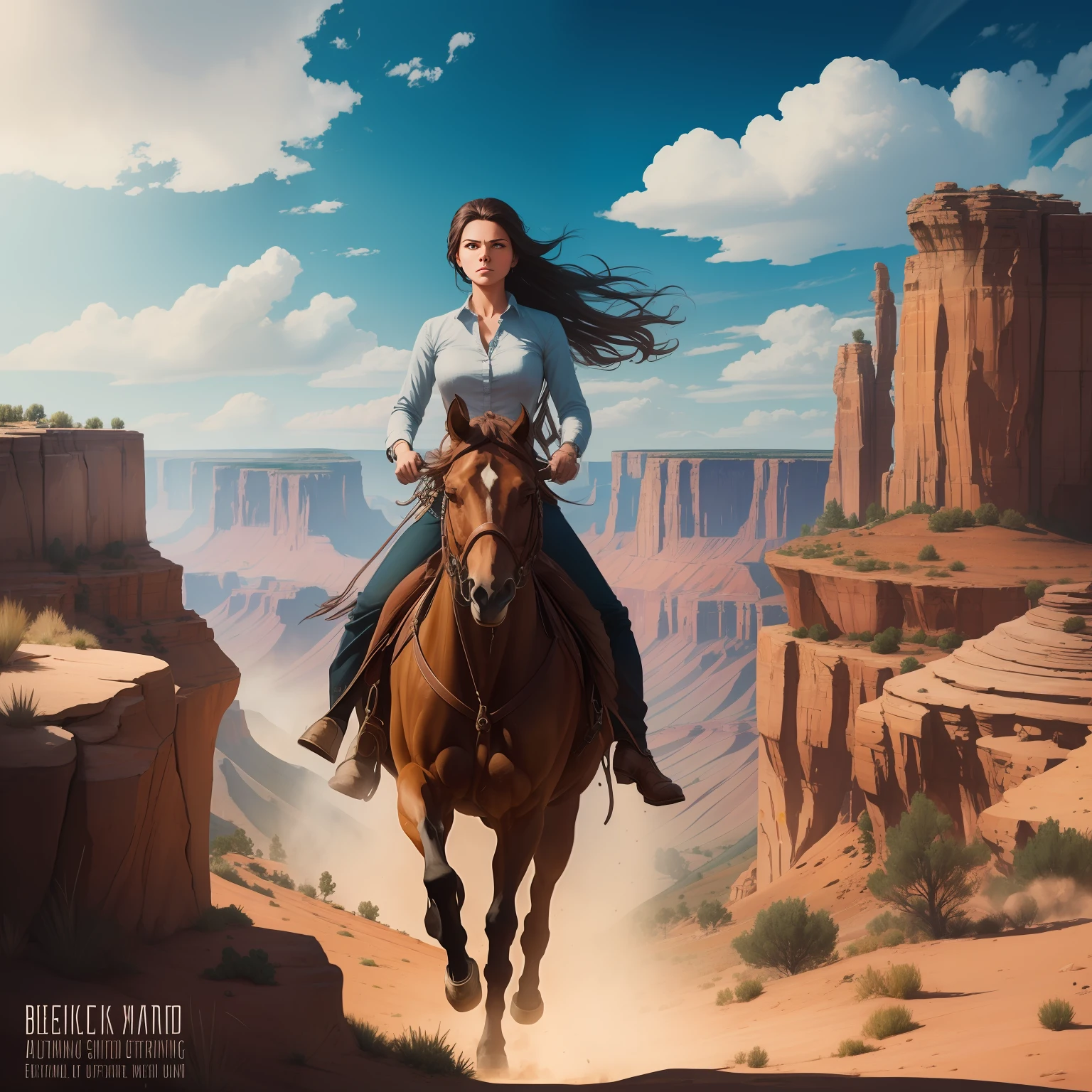 Design a captivating Western book cover image that encapsulates the essence of "She Fast and Deadly." This gripping novel follows the thrilling journey of a remarkable female protagonist through the untamed landscapes of the Wild West. Illustrate her fearless nature and exceptional skills through a visually striking scene that showcases her speed, agility, and deadly accuracy. Embrace the rugged beauty of the Western terrain with elements such as rolling plains, majestic canyons, or an iconic Western town. Let the cover convey a sense of action, mystery, and danger, drawing readers into the heart-pounding adventures of this remarkable heroine. Remember not to include any text or words directly on the picture, allowing the design itself to intrigue readers and beckon them to explore the extraordinary world within the pages. --auto