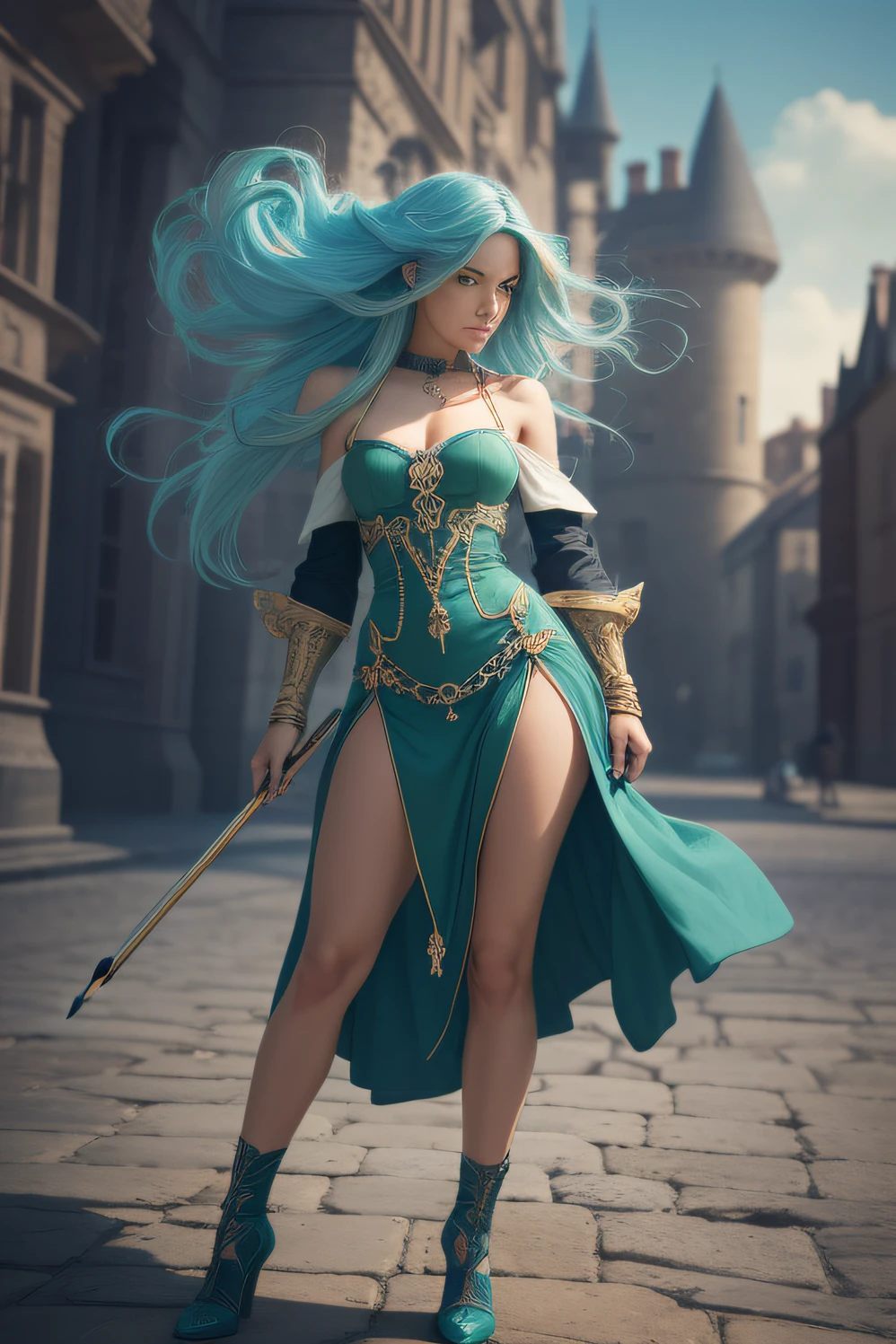 A beautiful (((Woman with green eyes and long blue hair))) rendered in a pencil drawing style, The woman, with one arm throwing a red fireball, and attention to detail, background can be a medieval castle, an open area of a large plateau and a beautiful landscape, the art style should be intricate cinematic, hyper realistic and present a balance between realism and stylization, the type of shot of the camera is a medium shot, capturing, (((full body photo)))), the lens used is a lens ((70mm)), Sony Alpha 8 art by Rachel Cooke, providing a balanced perspective, The lighting should be smooth and uniform, casting subtle shadows and highlights to enhance the three-dimensional quality of the drawing, the final image as imagined by Greg Rutkowiskie and Borris Vallejo, in 8K should evoke magic and charm in a pencil-drawn masterpiece, masterpiece, best quality, beautiful realistic photo, very detailed, beautiful, with touch of magic, good photo, long shot of extreme beauty