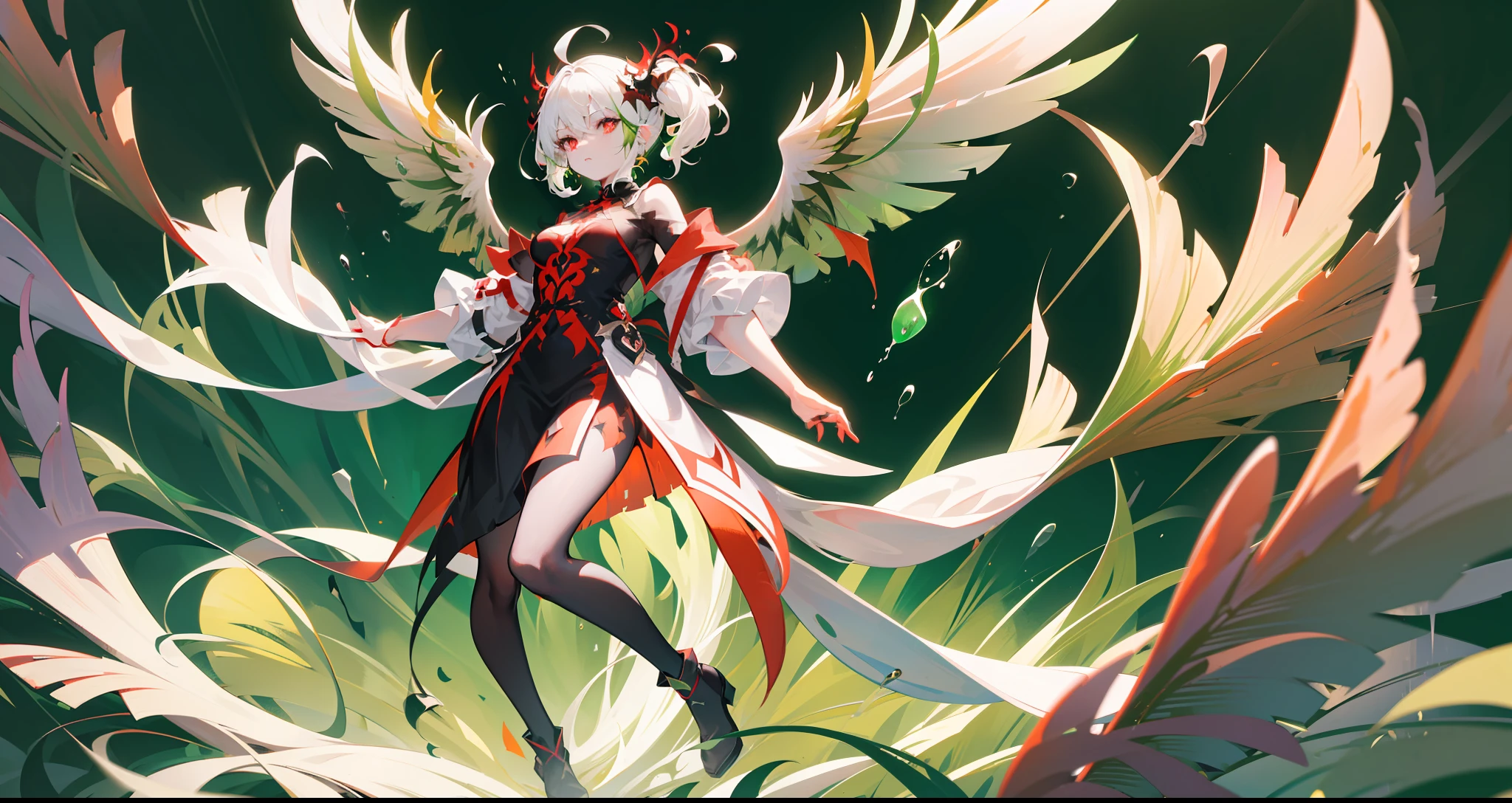 Pale girl, floating in the hair, (white hair), red eyes, black sclera, looking down at the camera, full body, splashart, (with six dark red wings), demonic atmosphere, beautiful girl, intimidating, detailed body, detailed face, detailed hair, (with a bright green background), (lime green simple background), (GREEN BACKGROUND), without effects