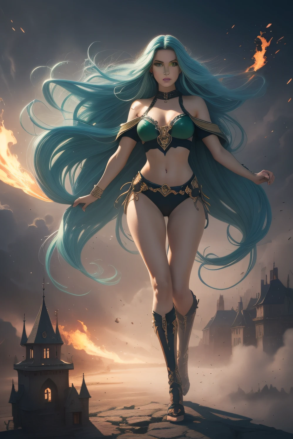 A beautiful (((Woman with green eyes and long blue hair))) rendered in a pencil drawing style, The woman, with one arm throwing a red fireball, and attention to detail, background can be a medieval castle, an open area of a large plateau and a beautiful landscape, the art style should be intricate cinematic, hyper realistic and present a balance between realism and stylization, the type of shot of the camera is a medium shot, capturing, (((full body photo)))), the lens used is a lens ((70mm)), Sony Alpha 8 art by Rachel Cooke, providing a balanced perspective, The lighting should be smooth and uniform, casting subtle shadows and highlights to enhance the three-dimensional quality of the drawing, the final image as imagined by Greg Rutkowiskie and Borris Vallejo, in 8K should evoke magic and charm in a pencil-drawn masterpiece, masterpiece, best quality, beautiful realistic photo, very detailed, beautiful, with touch of magic, good photo, long shot of extreme beauty