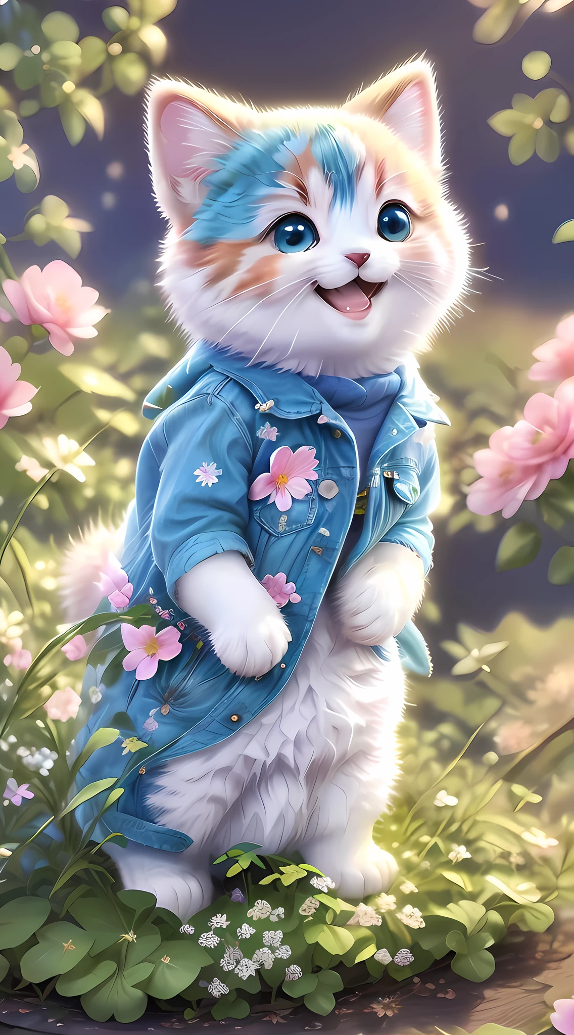 calico, realistic, furry, animal wearing jean jacket, apple, bear, blushing, full body, non human, jump, smile, twinkle in eye, miniature, tree
