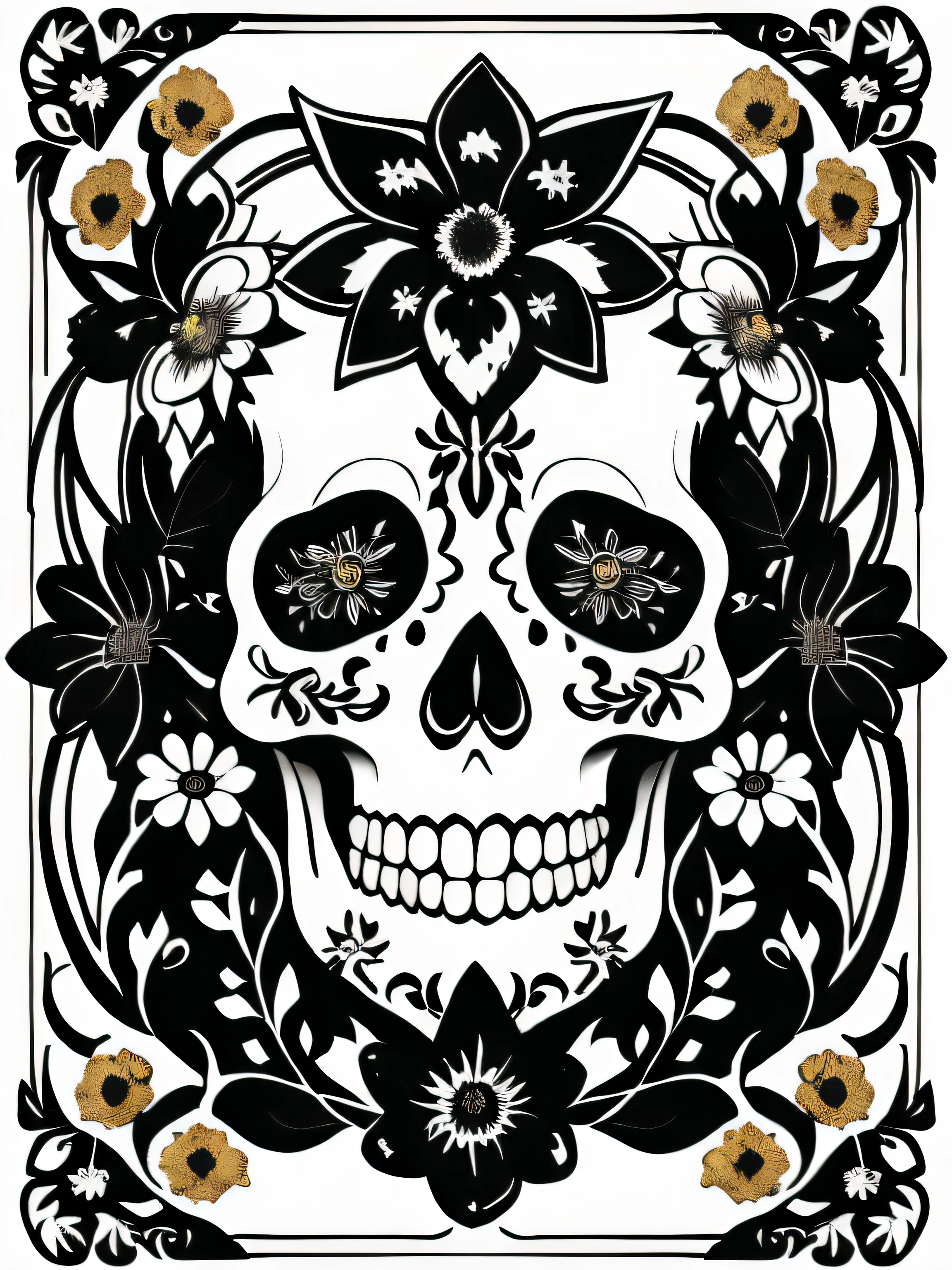(Best quality), (masterpiece), (ultra detailed), (high detail), (extremely detailed), decorated sugar skull + black and white ink + detailed texture + magic + symmetrical + symmetry + bouquet of flowers + flowers + vines + detailed ink illustration + art nouveau + tarot card with ornate border frame + flowers + white, black and white background, coloring page, vector, lineart, black and white, 64k