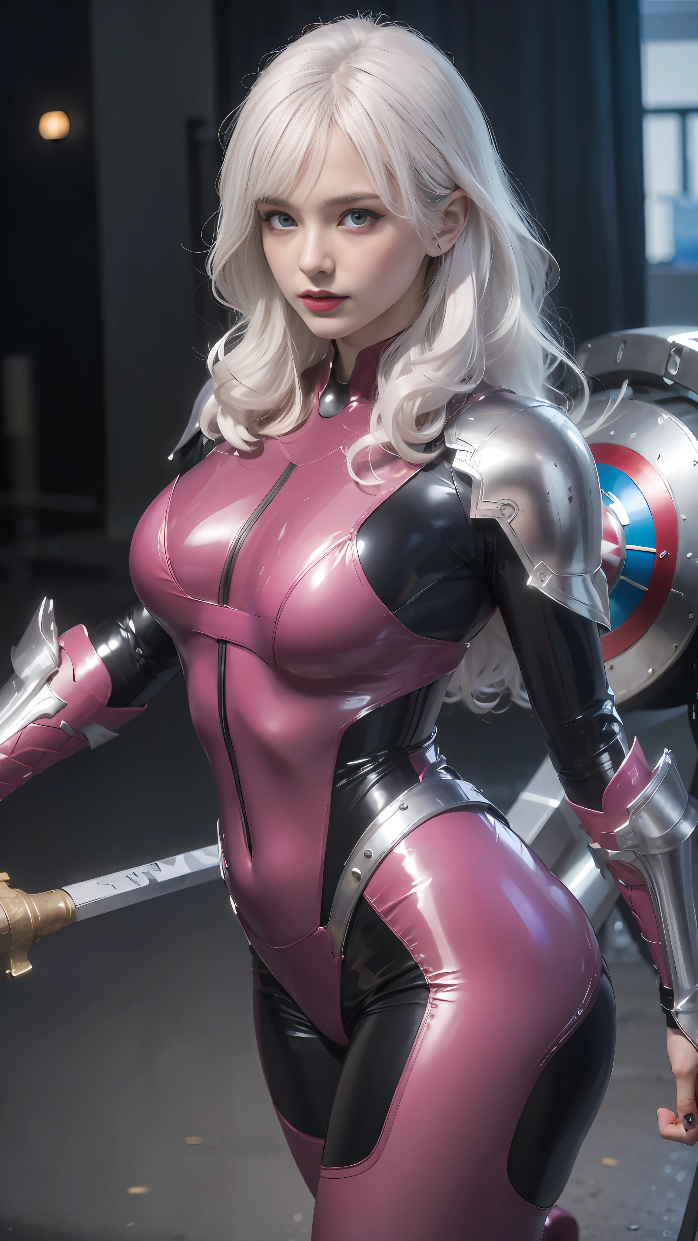 Areali woman holding sword in pink and black suit, clear eyes, symmetrical eyes, dark eye shadow, smooth pink armor, streamlined pink armor, sharp silver armor fuchsia skin, matte pink armor, extremely detailed Artgerm, IG model |ArtGerm, Cosplay on Black Harley Queen, Range Murata and Artgerm, Artgerm style, PVC Armor, pink iconic character