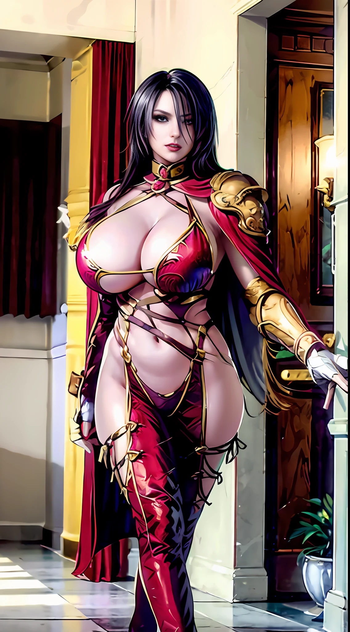 Unreal Engine 5 Realistic Rendering, Excellent, black hair, red group, full armor, royal cape, milf, looking on viewer, Donghua character, cosplayer, walking down hallway of Holy palace, beautiful face, makeup, top body is hyper realistic thicc muscular and hyper largest_breasts!!, lower is huge buttocks, hair, red theme, bokeh, masterpiece, highres, 1080P, UHD