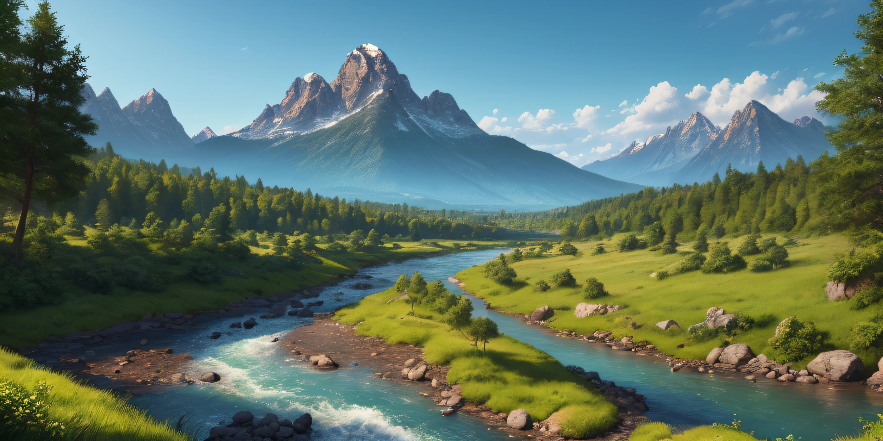 landscape, water, (8k extremely detailed CG unit wallpaper), most beautiful artworks in the world, majestic oil painting professional, intricate, high detail, sharp focus, sharp dramatic and photorealistic painting art very sharp, blue sky, towering mountains, defined horizon, defined colors, with lots of vegetation, mountains not so high but beautiful, river meandering through the green valley of vegetation with mountains flanking, extremely realistic.