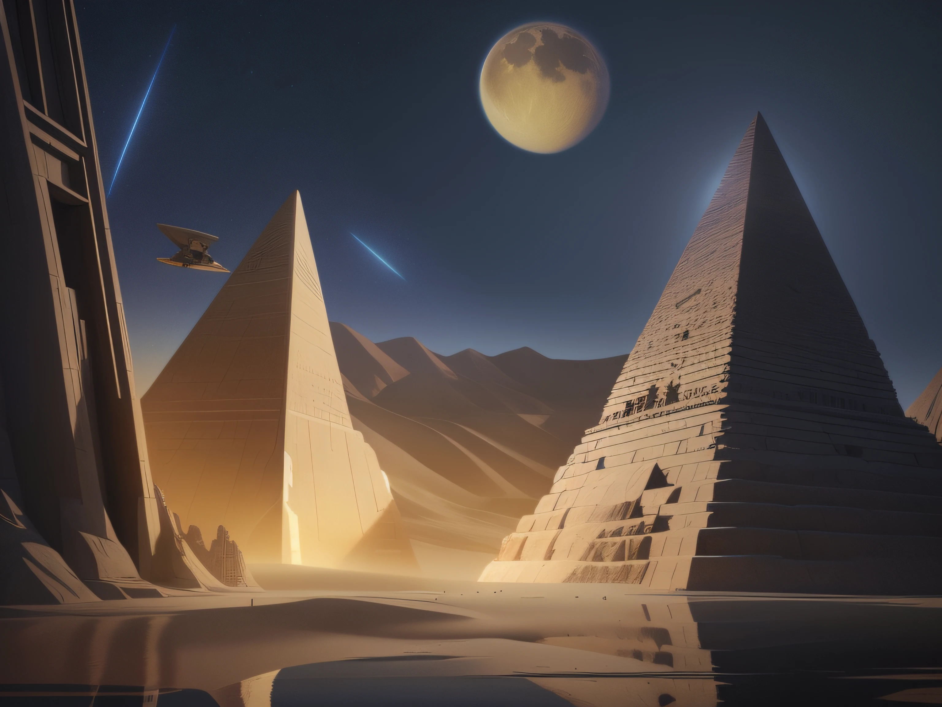 Desert photo with pyramids and moon, sci-fi digital painting, ancient yet futuristic, masterpiece of art gems and beeple, ancient future, philip hodas art style, style of beeple, 3d rendering beeple