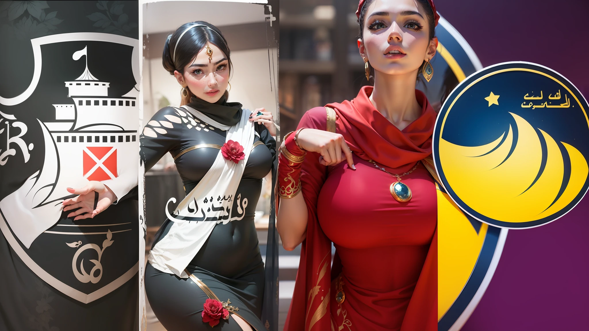 Two women with beautiful face, perfect body, dressed in Arabic style clothes, seductive, showing their curves, in flashy clothes --auto