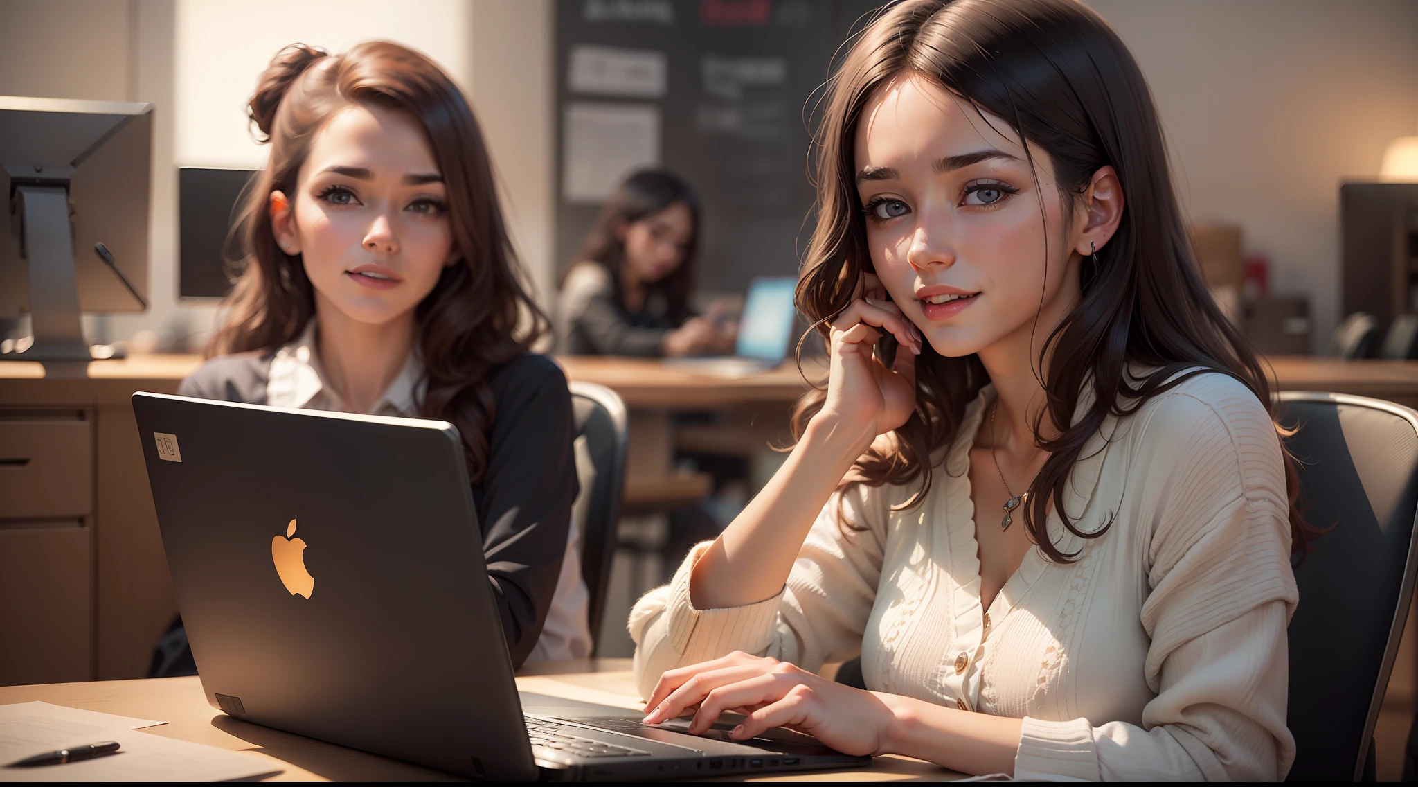 (two women), sitting at a desk with laptops, (a frustrated woman), (another happy woman), beautiful and detailed face, working in an office, in front of a computer, co-workers, perfect quality, (masterpiece: 1.2) (Realistic: 1.2) (Bokeh) (Best quality) (Detailed skin: 1.3) (Intricate details) (8K) (Detail eyes) (Sharp focus)