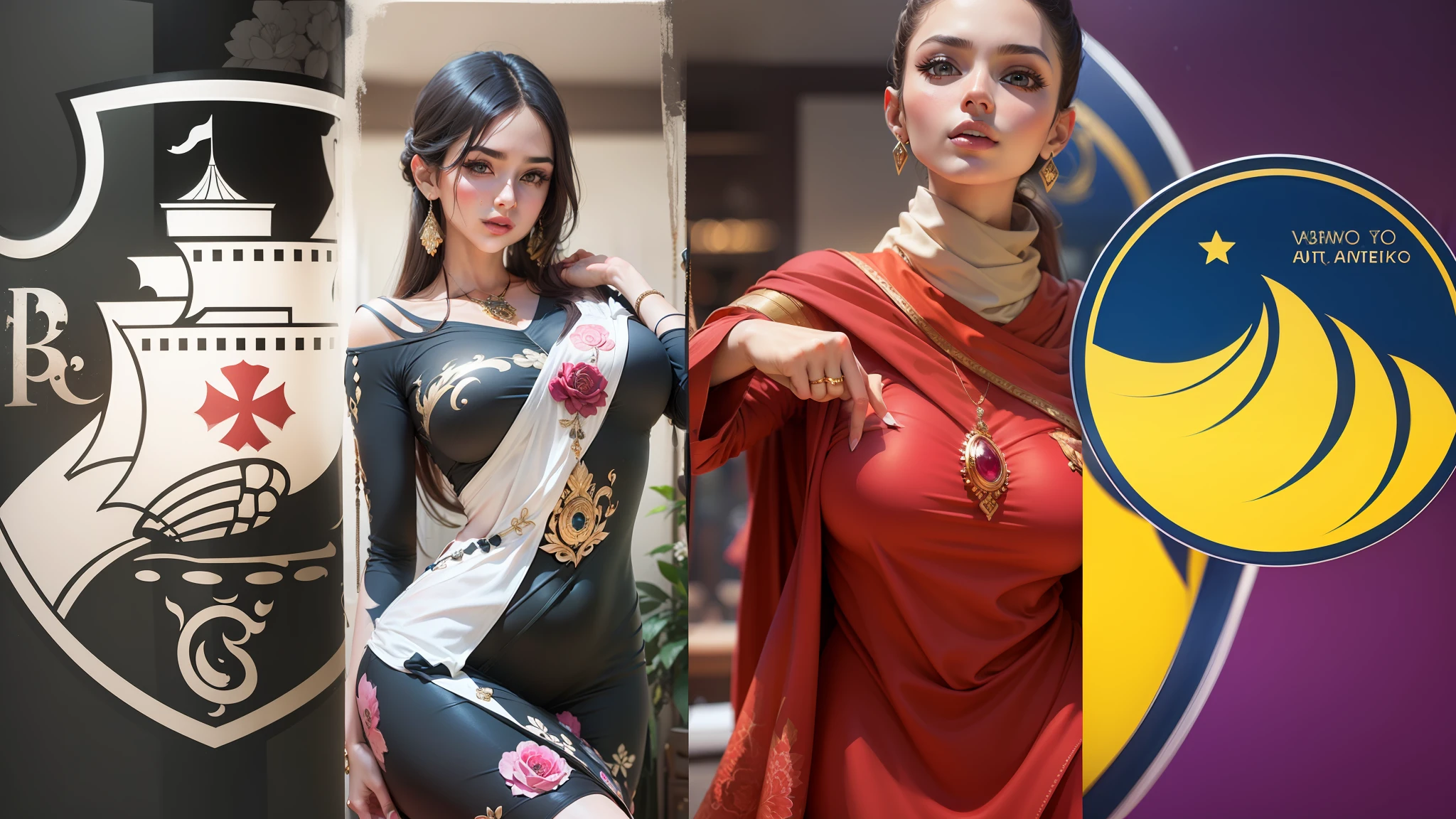 Two women with beautiful face, perfect body, dressed in Arabic style clothes, seductive, showing their curves, in flashy clothes --auto