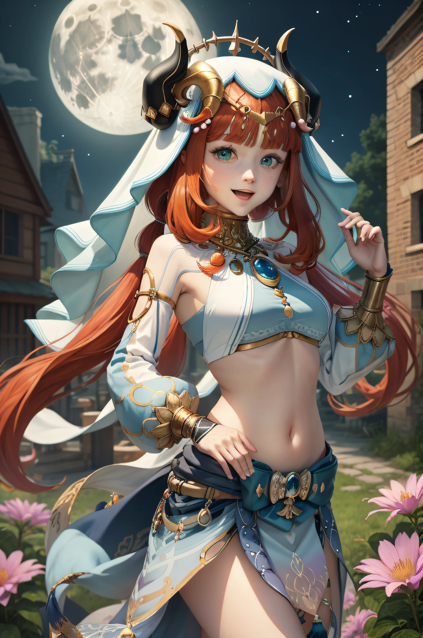 (Realistic painting style:1.1), masterpiece, best quality, absurdres, nilou (neither flower nor mist) (genshin impact), aqua eyes, nilou (genshin impact), fake horns, 1girl, solo, red hair, veil, smile, moon, long hair, crop top, jewelry, horns, night, bracer, brooch, long sleeves, puffy long sleeves, looking at viewer, skirt, bangs, twintails, water, puffy sleeves, sky, neck ring, open mouth, :d, full moon, night sky, flower, harem outfit, gold trim, parted bangs, arm up, breasts, circlet, outdoors, blue skirt, hair ornament, detached sleeves, low twintails, floating hair, gem, hair flower, blue gemstone, hand up, dancer, white headwear, small breasts, stomach, midriff, cowboy shot, blue bow, very long hair