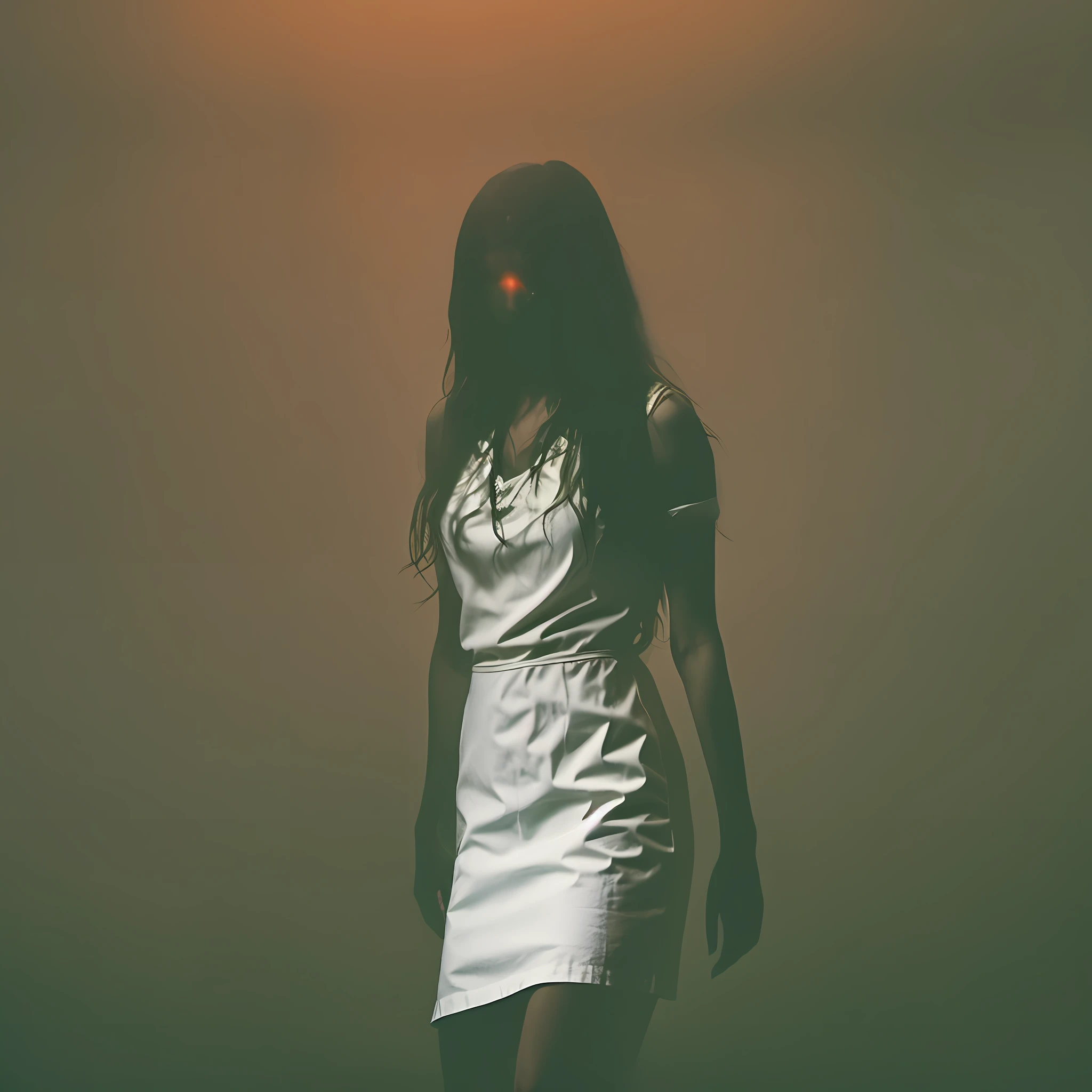Woman in white dress stained with blood , dynamic lighting, photorealistic, trends in the art station, stunning visuals, nebulous, creative, cinematic, ultra detailed, atmospheric, ambient lighting, scary art, bad quality, heavy film grain, desaturated, bluish-green orange tone