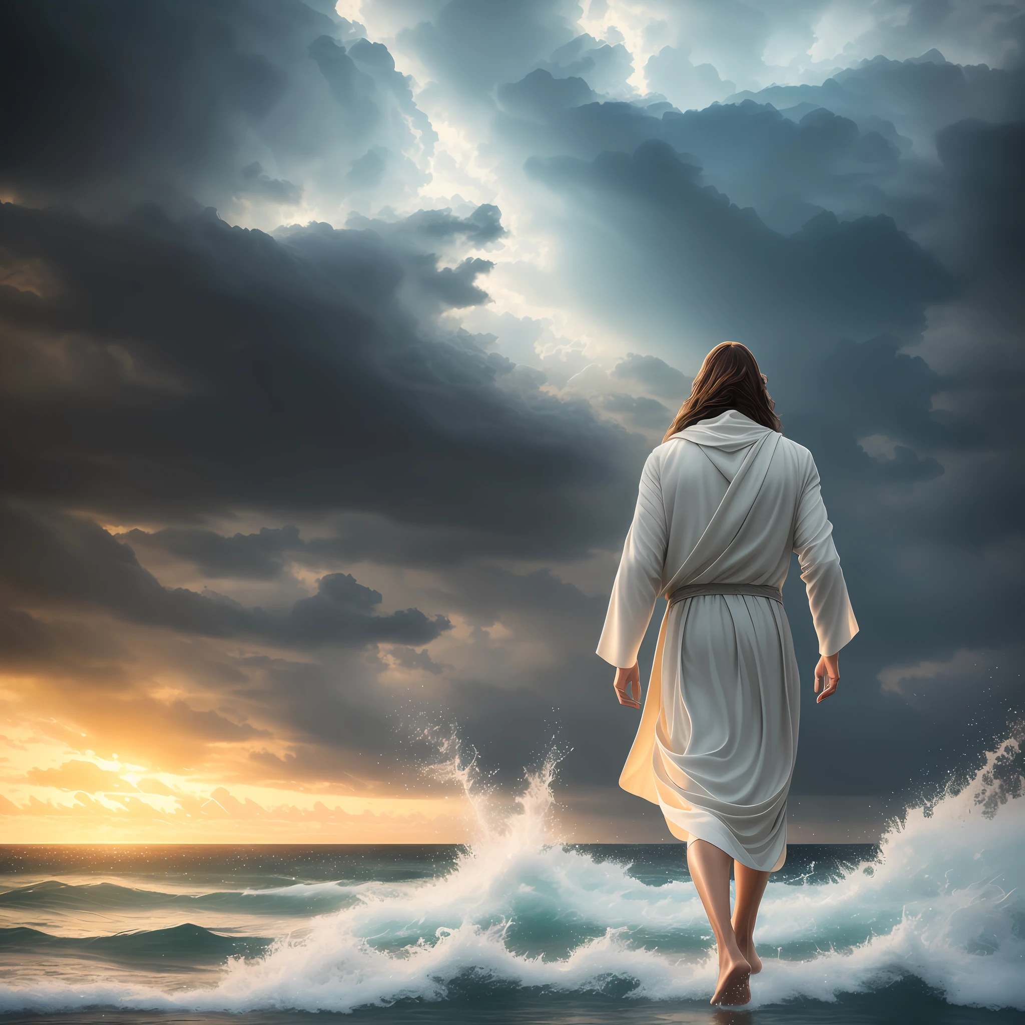 ocean, cloudy shiny day, sunrays, jesus walking on water in a storm, masterpiece, best quality, high quality, extremely detailed CG unit 8k wallpaper, award winning photography, Bokeh, Depth of Field, HDR, bloom, Chromatic aberration, photorealistic, extremely detailed, trending on artstation, trending on CGsociety, intricate, high detail, dramatic, mid-journey art, volumetric lighting --auto