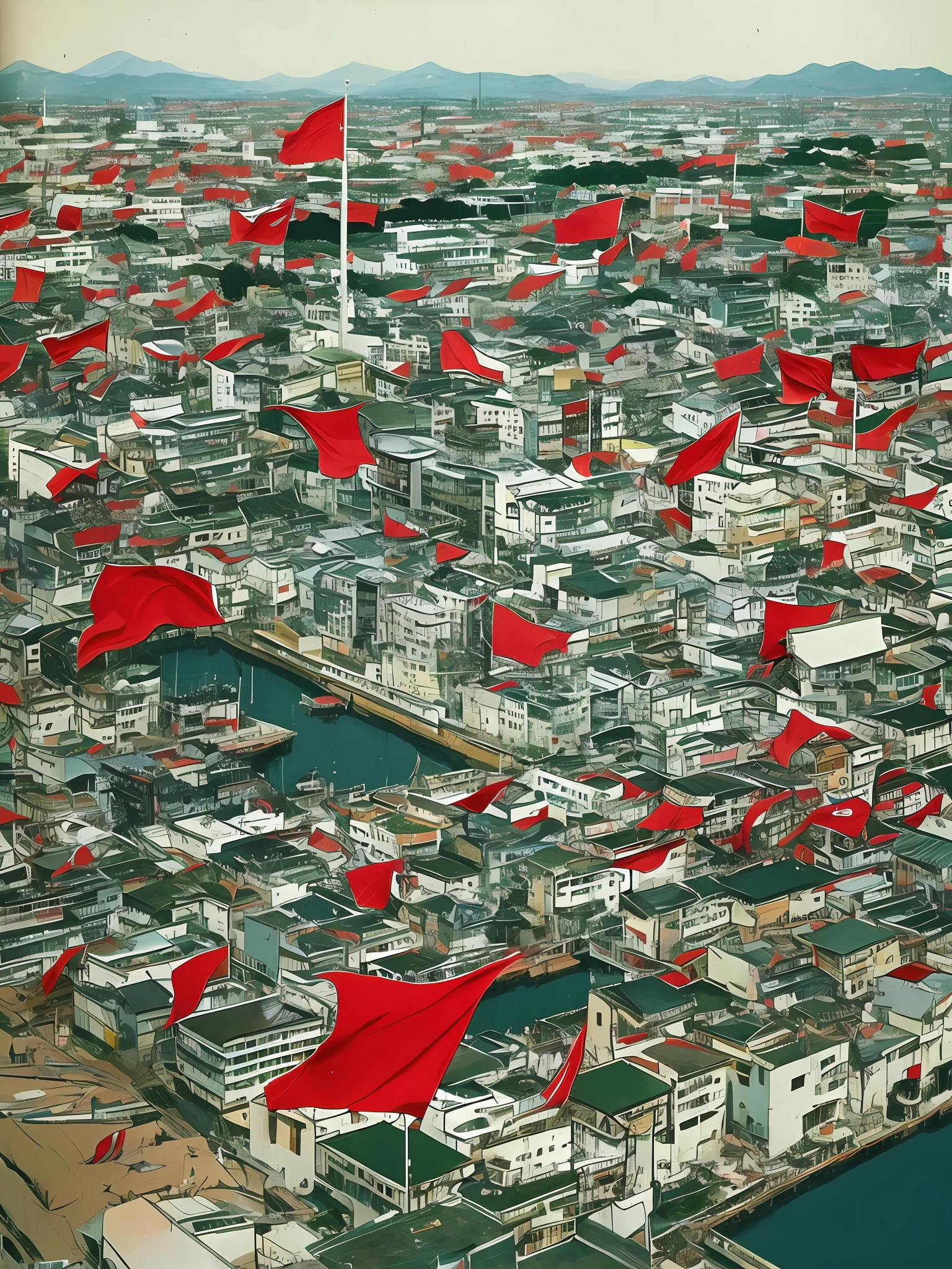 Anti-Japanese scenes, anime, old photos, red flags, grandiose