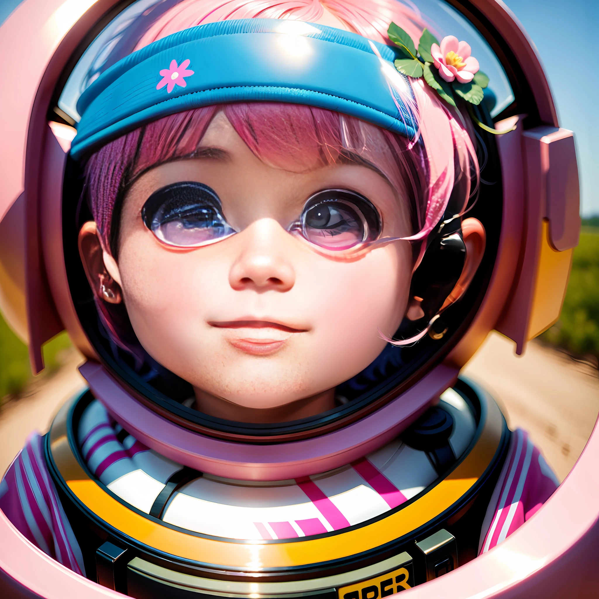 Happy eyes, beautiful, chubby, austronaut girl child, pink hair, short hair, toy style, american advertising poster, bloom, framed, bokeh, Hasselblad, Eye-Level Shot, 16k, 16k, super detail, high quality, award-winning, high details, masterpiece