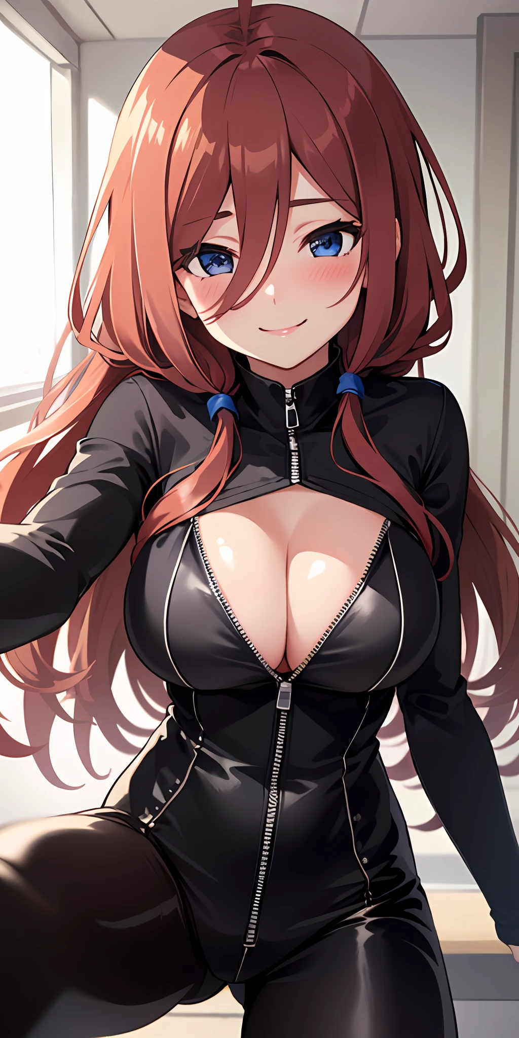 (Best quality:1.3), nakano miku, brown long hair, hair between eyes, large round breasts, unzipped bodysuit, cleavage, smiling, blushing:1.1, (pov)