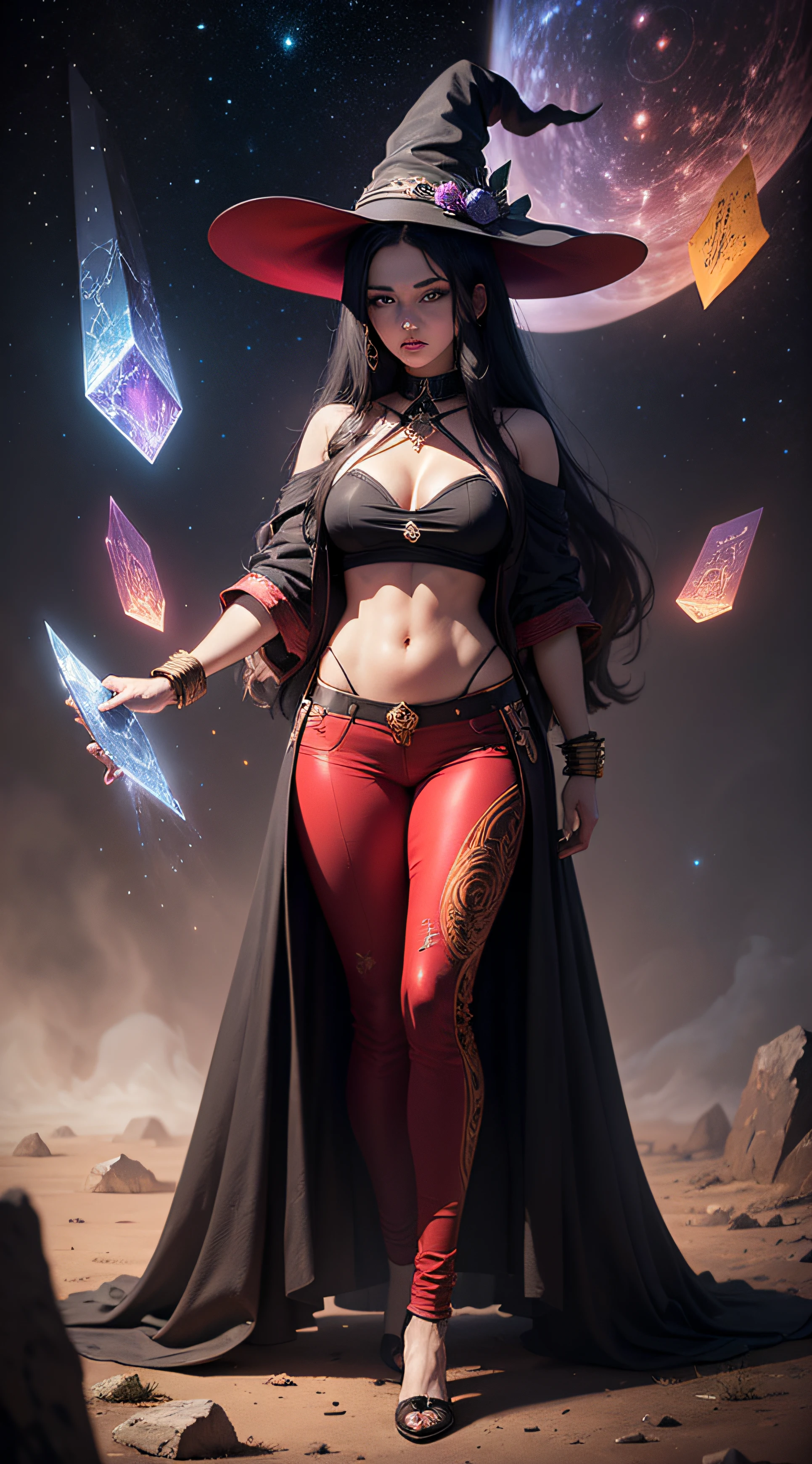 (masterpiece, top quality, best quality, official art, beautiful and aesthetic), Brazilian, black color, detailed face, sexy body, long black hair, full body, violet top, red pants, heavenly, cosmic, extremely beautiful, highly detailed, (galactic in the background), light effects, more detailed, floating particles, ancient runes, geometric patterns, witch powers, mana, shadows, fog, smoke, fantasy, charm, epic atmosphere --auto