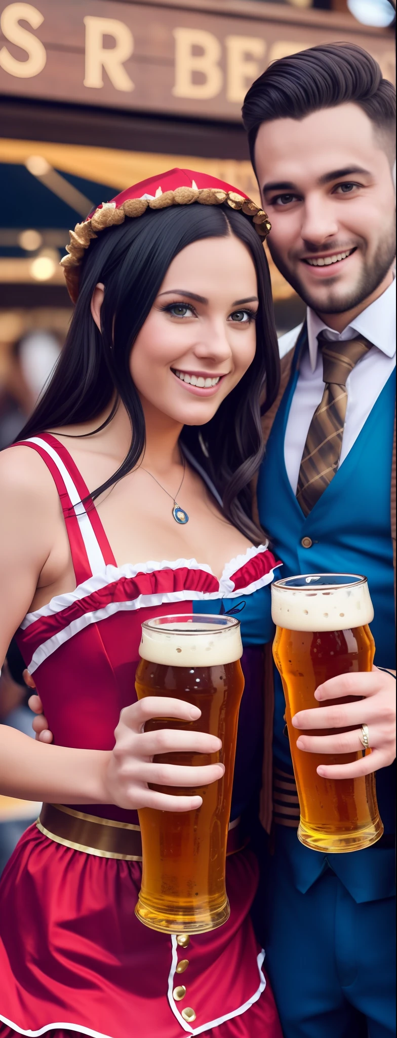 there is a woman in a costume holding a beer and a man in a costume, holding a beer!!, leaked photo, octoberfest, very accurate photo, candid shot, holding beer, beer, 2 5 yo, low quality photo, holding a beer, close up half body shot, cosplay, drinking a beer, drinking beer, 30 years old woman --auto