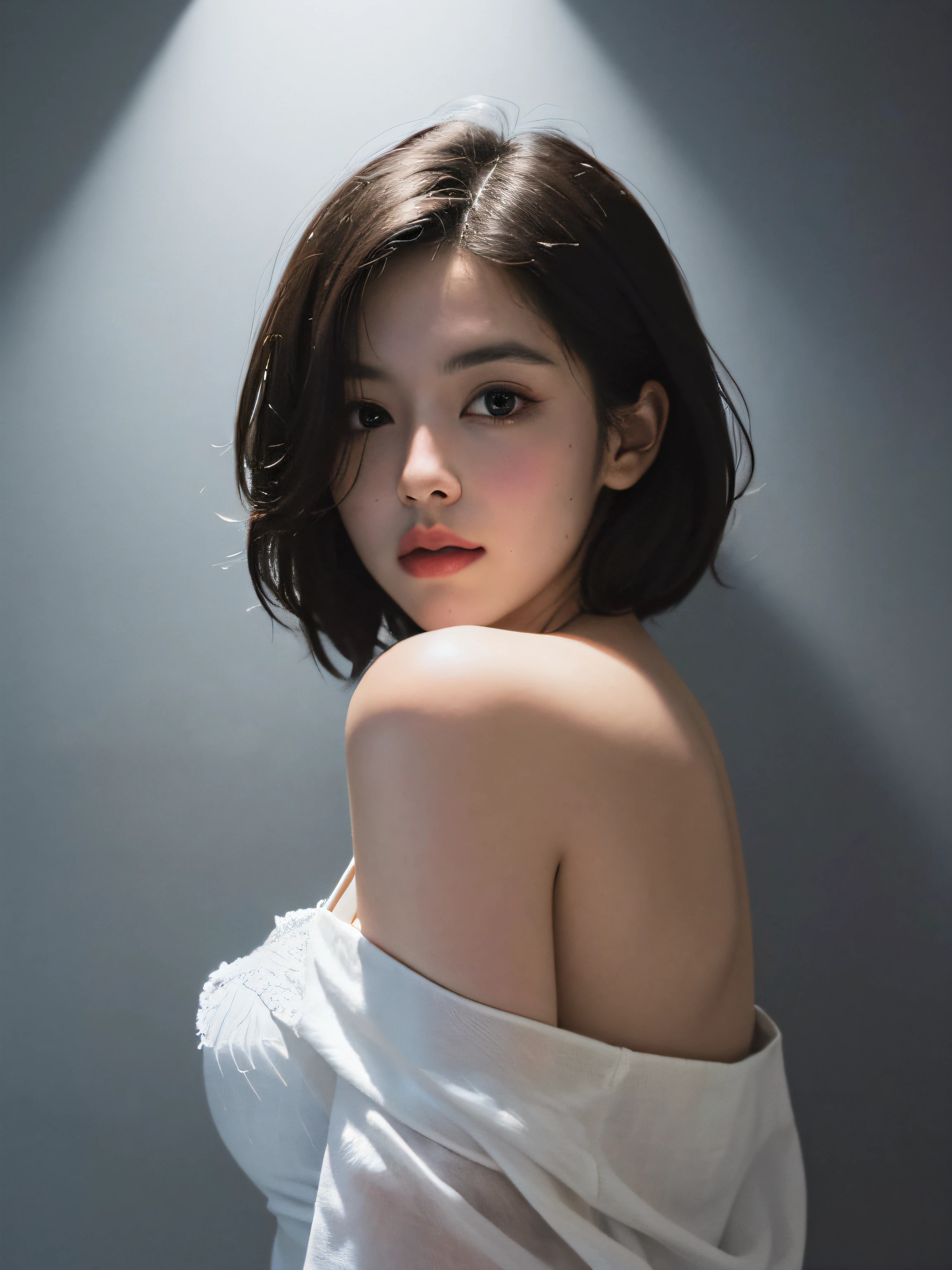 Best quality, masterpiece, ultra high res, (photorealistic:1.5), raw photo, 1girl, offshoulder, in the dark, deep shadow, low key, cold light, sexy look, short hair