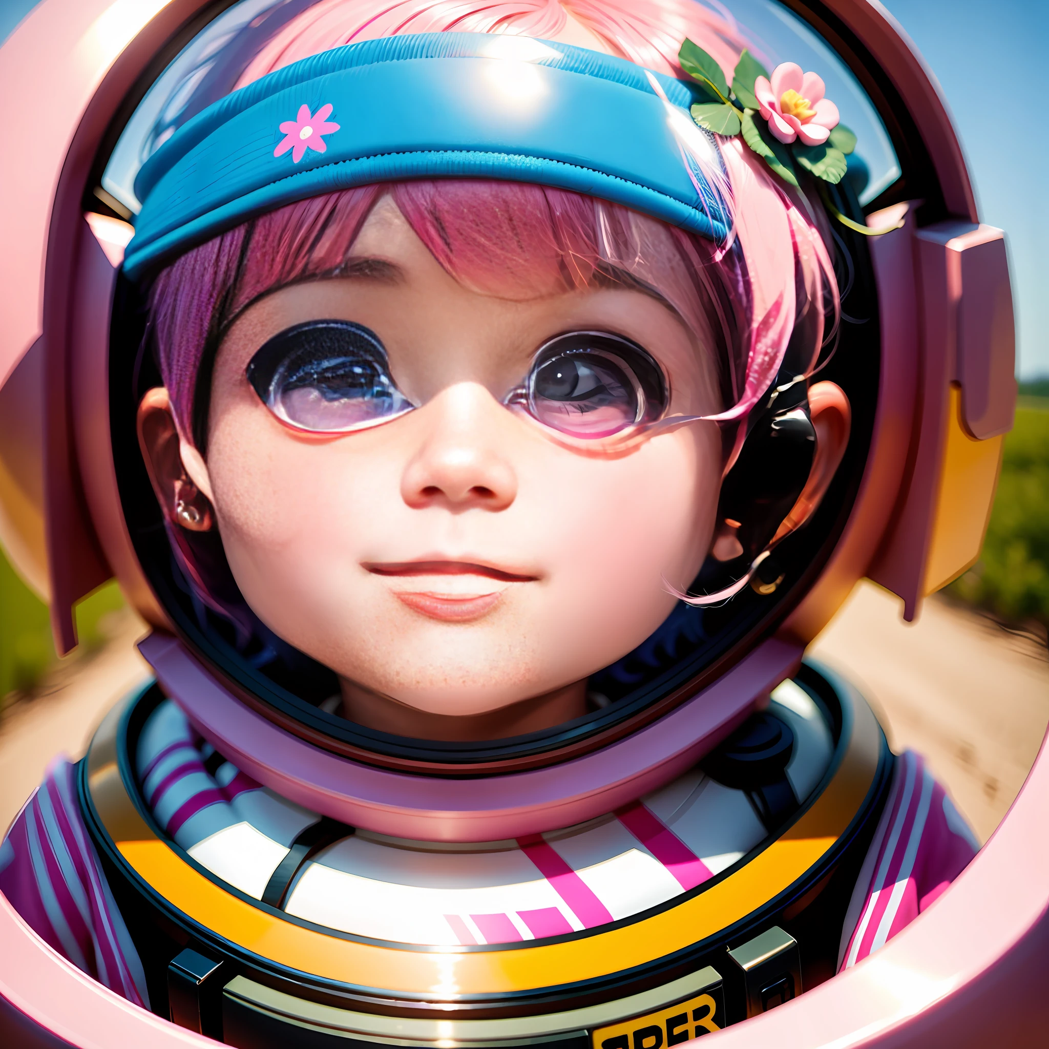 Happy eyes, beautiful, chubby, austronaut girl child, pink hair, short hair, toy style, american advertising poster, bloom, framed, bokeh, Hasselblad, Eye-Level Shot, 16k, 16k, super detail, high quality, award-winning, high details, masterpiece