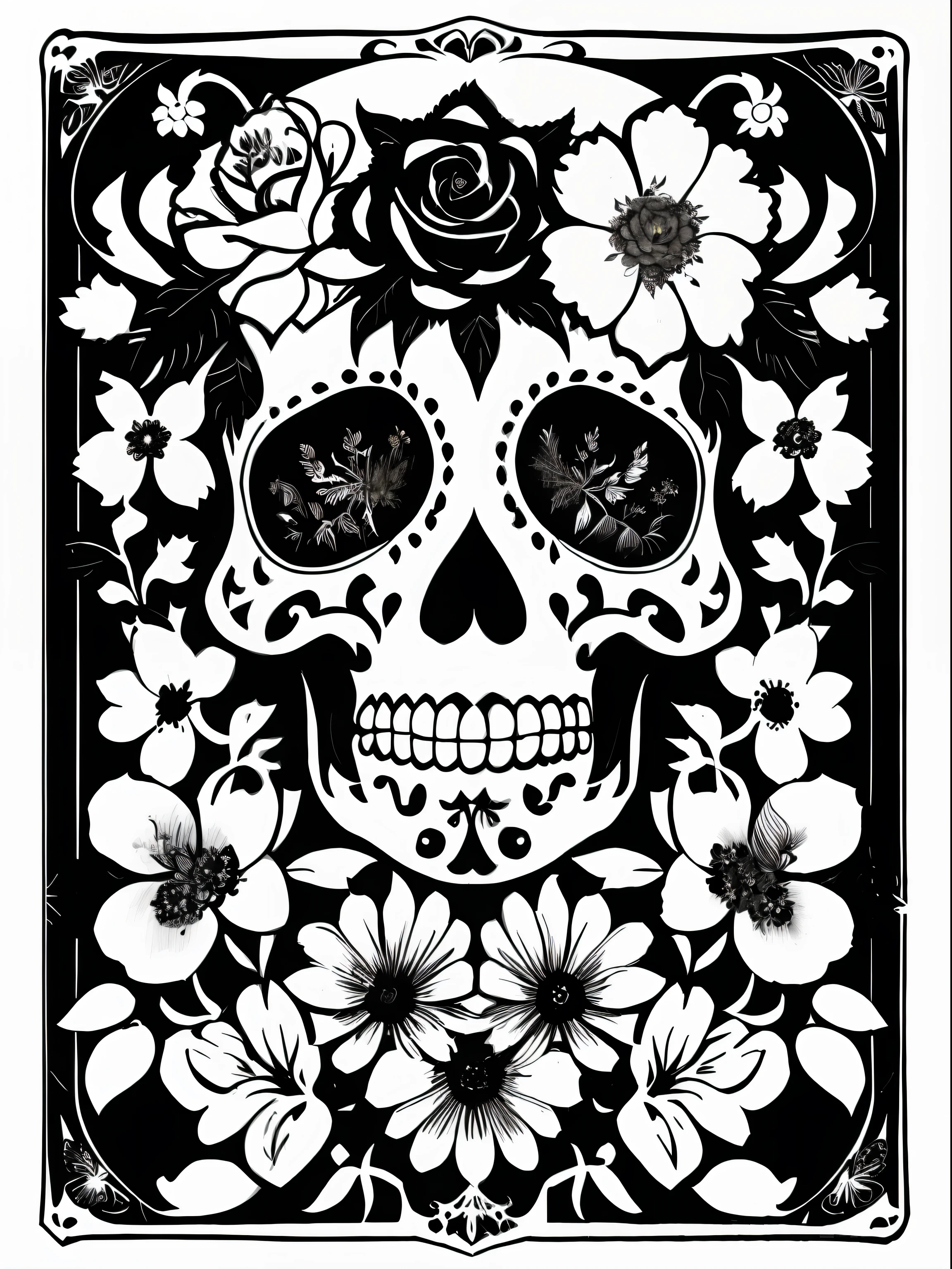 (Best quality), (masterpiece), (ultra detailed), (high detail), (extremely detailed), decorated sugar skull + black and white ink + detailed texture + magic + symmetrical + symmetry + bouquet of flowers + flowers + vines + detailed ink illustration + art nouveau + tarot card with ornate border frame + flowers + white, black and white background, coloring page, vector, lineart, black and white, 64k