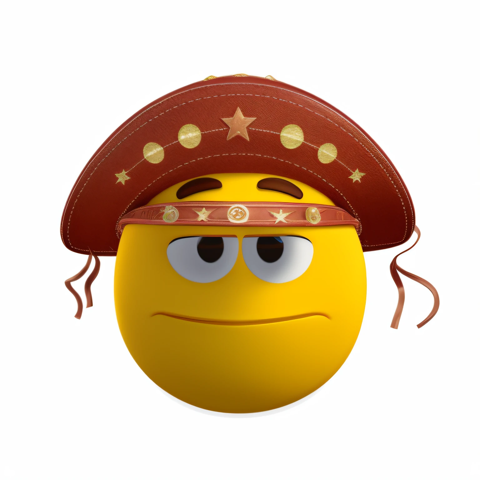 yellow smiley face with a brown hat and stars on it, funny emoji, emoticon, character with a hat, emoji, wearing sombrero, sad emoji, smiley, depicted as a pixar character, style of emoji, new emoji of biting your lip, cool face, smirk, roguish smirk, fear emoji, smiley profile, hat covering eyes