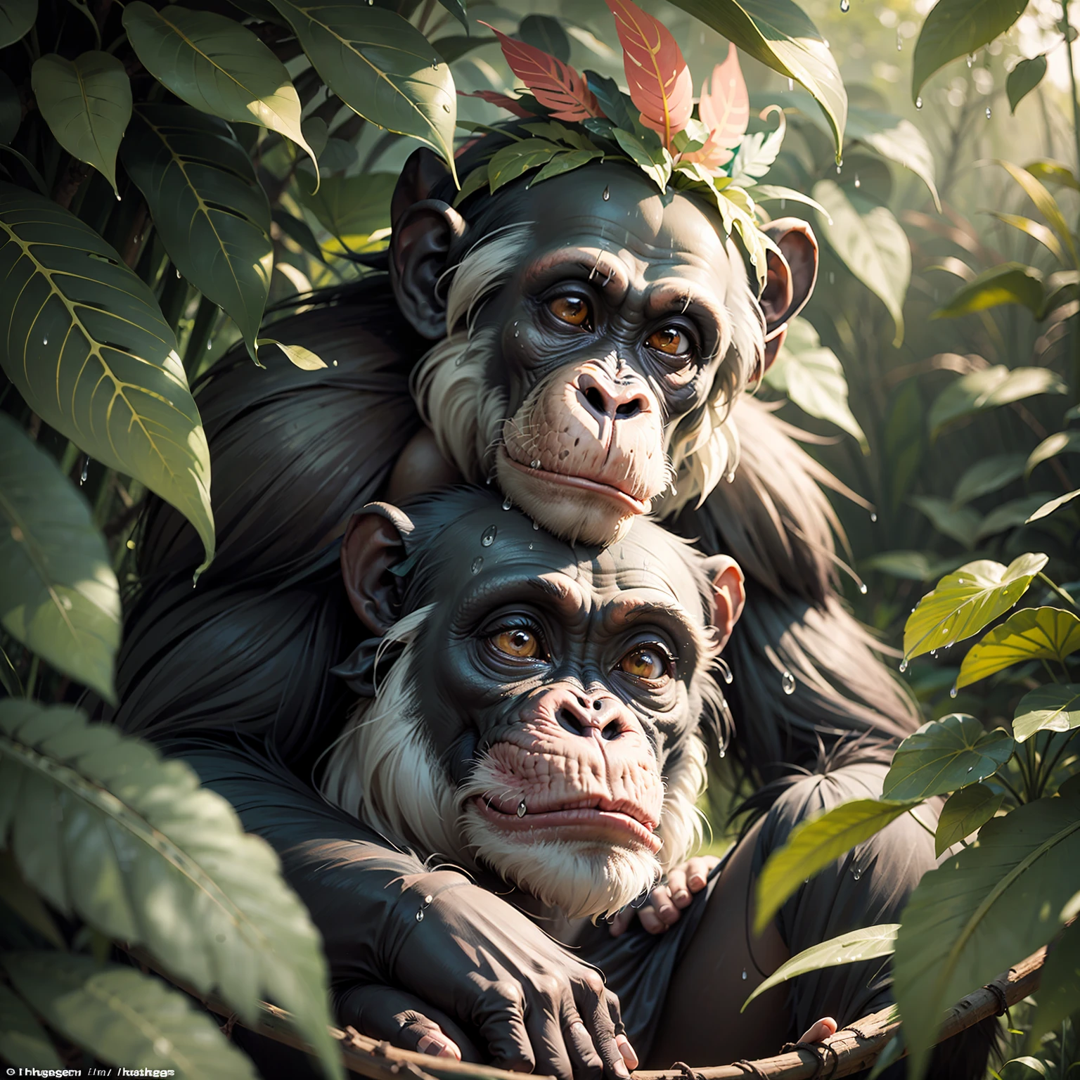 Chimpanzee meditating in a dense jungle, he wears headdress with colorful feathers on his head, around him many wet flohagens after heavy rain