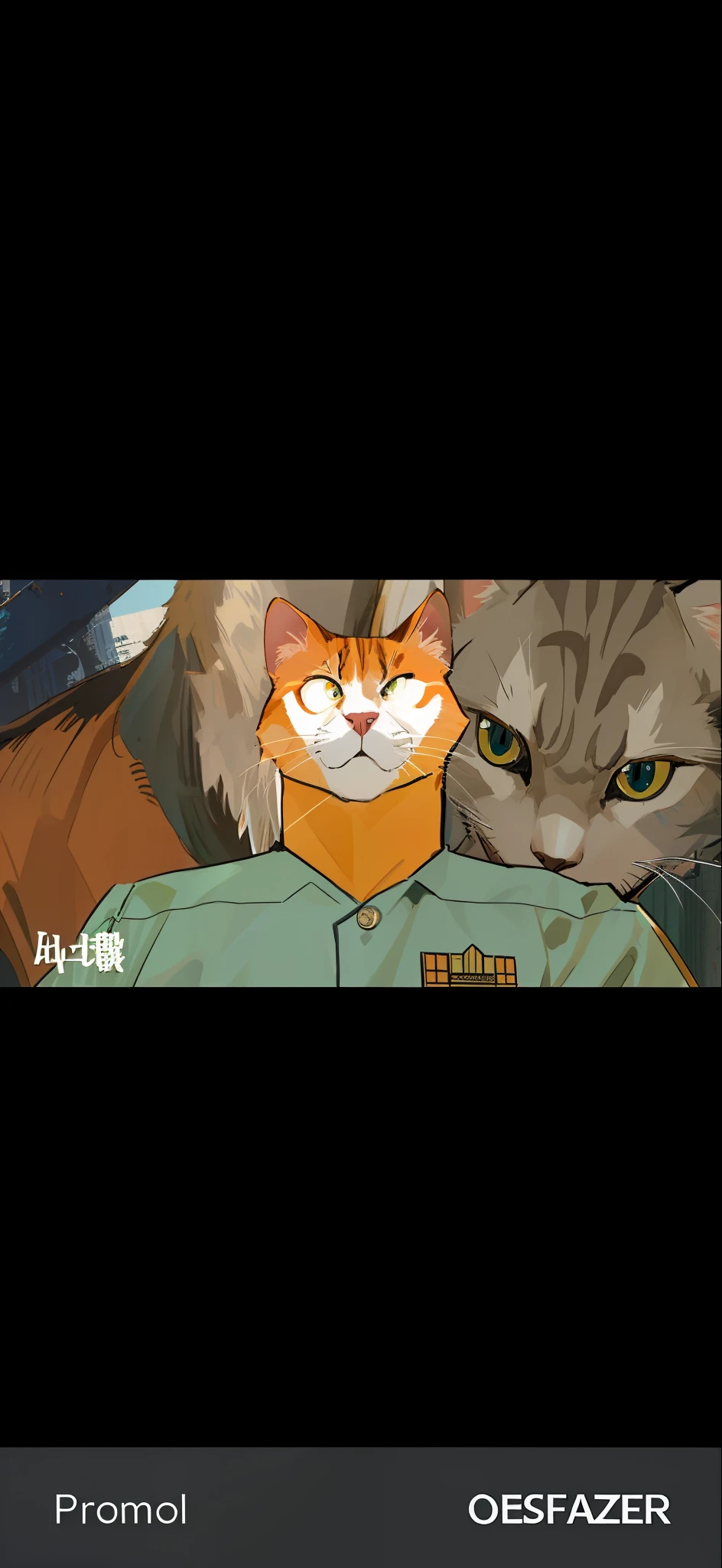 Image style: Anime Highly detailed, a cat of orange color, demonstrating an angry expression, he is looking at the camera, his eyes are shining very brightly in a white color, around his eyes has some scars, he is wearing a prison uniform, dark green color, behind him on his back is two swords Highly sharp, He's staring head-on at the viewer. Background of an Egyptian temple. Highly detailed image.