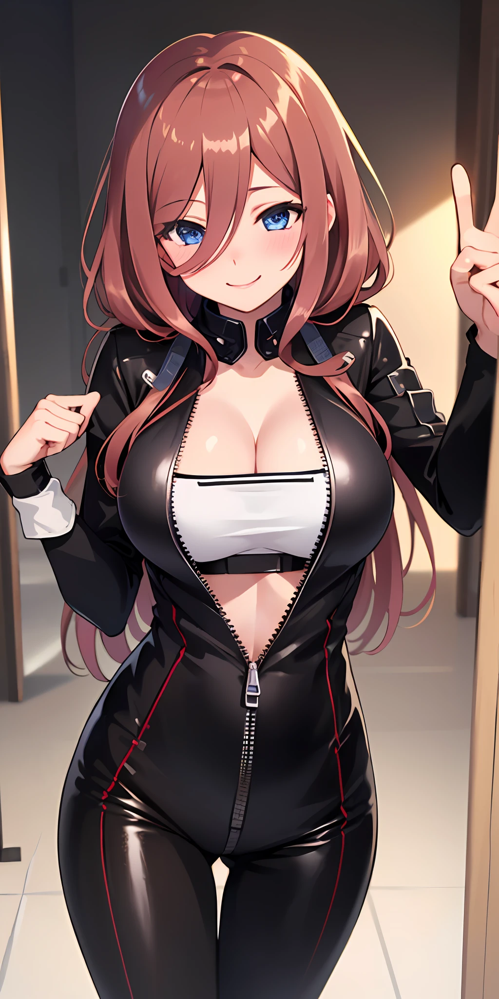(Best quality:1.3), nakano miku, brown long hair, hair between eyes, large round breasts, unzipped bodysuit, cleavage, smiling, blushing:1.1, (pov), standing