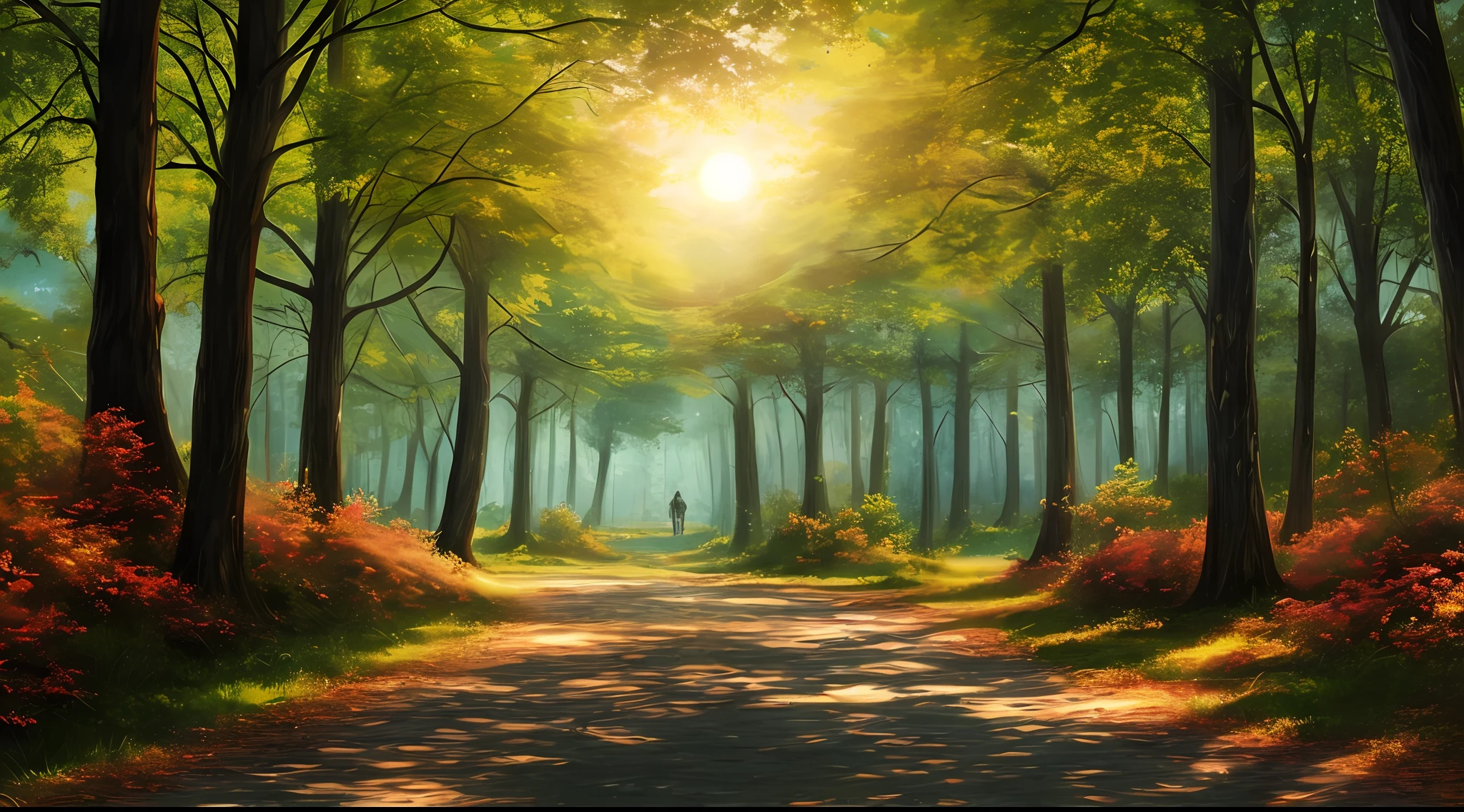 Beautiful trees around with a sun in the sky, people in the way of the forest, 2k highly detailed digital art, 2k hd very detailed wallpaper, beautiful and stunning landscape, 2k, 2k detailed digital art, beautiful forest landscape, soft colors in summer, hd digital painting, 2k stunning art. --auto