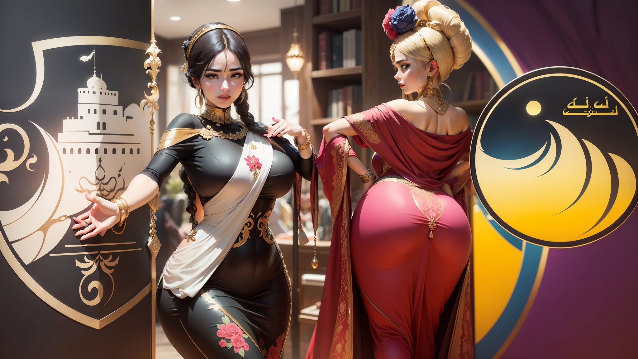Two women with beautiful face, perfect body, dressed in Arabic style clothes, seductive, showing their curves, in flashy clothes Arab-style clothing in the most seductive way possible reflecting well the culture of the country Two women on their backs --auto