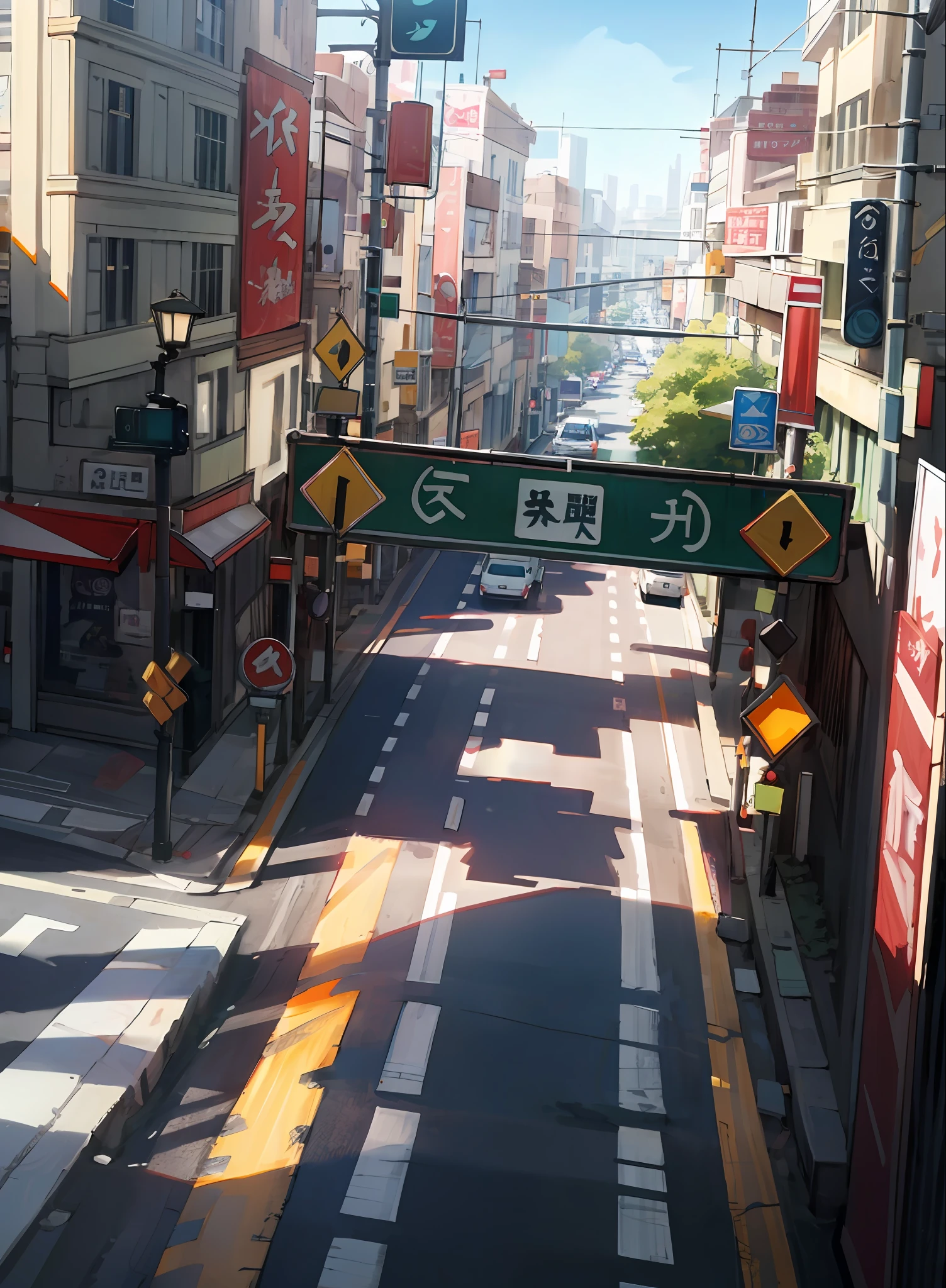 best quality, 4K wallpaper, masterpiece, extremely detailed CG 8k, extremely detailed, ultra-detailed, intricate details, public, road sign, street park, anime sky traffic light