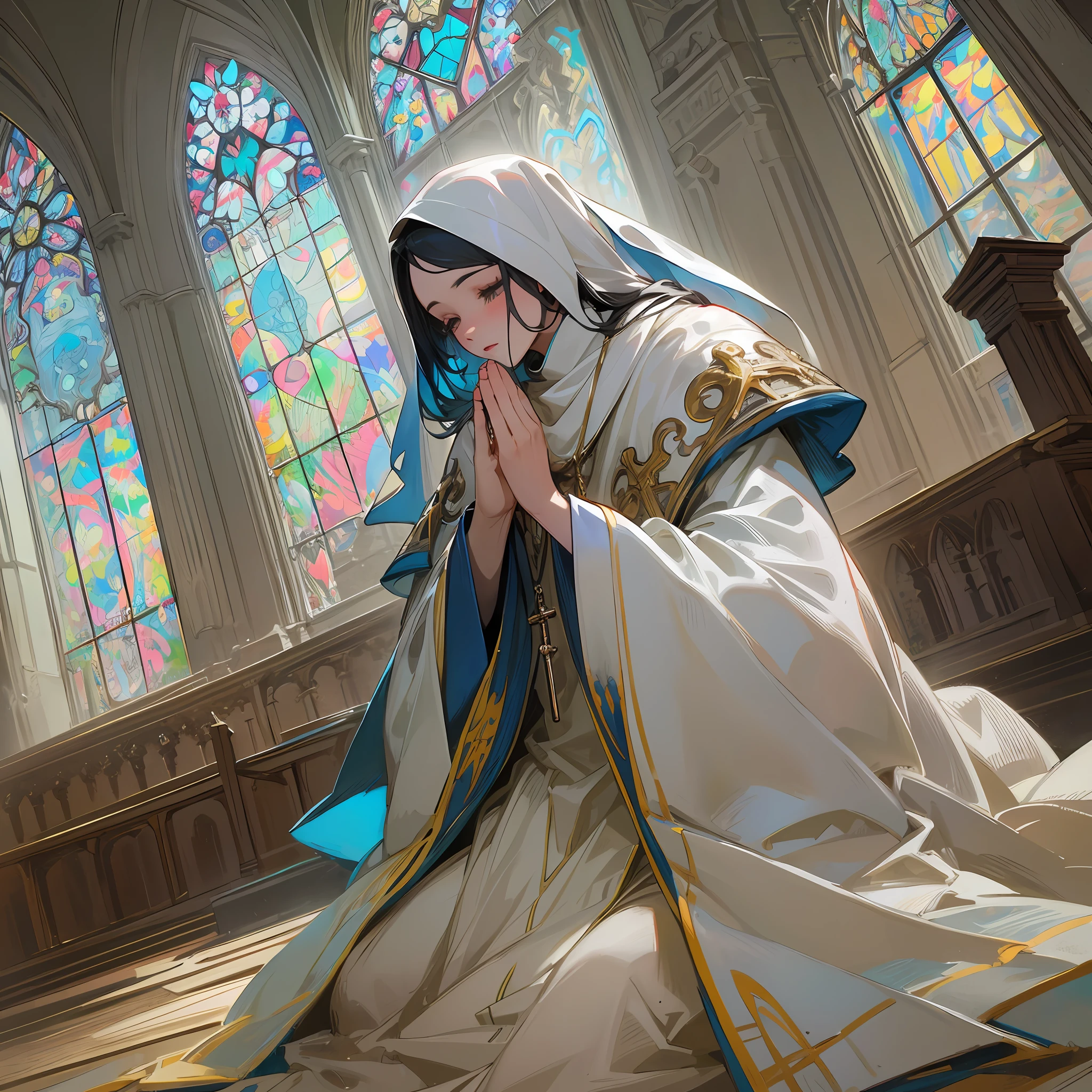 (Masterpiece, Top Quality, Best Quality, Official Art, Beauty and Aesthetics: 1.2), (1girl), Extreme Detail, (Fractal Art: 1.3), Colorful, Most Detailed, (Priest), Meticulous Priest's Dress, Pure White, Pure White Priest's Dress, Praying, Hands Folded, Best Quality, Masterpiece, High Resolution, (Tyndall Effect: 1.2), Realistic, Edge Lighting, Two-tone Lighting, K Uhd, DSLR, Soft Light, High Quality, Volumetric Light, Vista, Candid Shot, (Church, Cross)