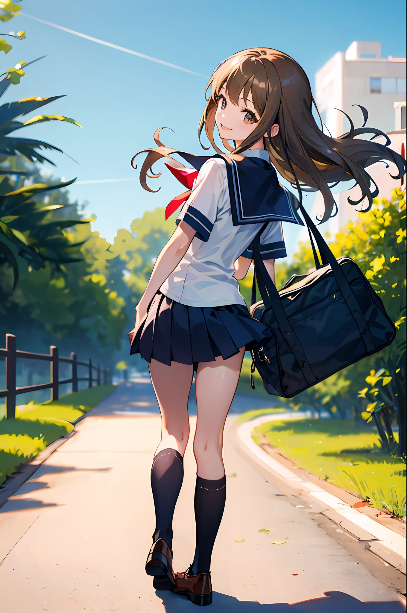 Top quality, masterpiece, high resolution, very detailed, 8k, one girl, cute, anime, crystal clear white skin, asian girl, sensual, full-body, young, middle school, 13 years old, child, (hair color is light brown), on the way to and from school in the morning, summer uniform, holding a student bag, panchira: 1.2, windy and hair fluttering, diagonally from behind, miniskirt, lift-up skirt, smile, fantasy, Low angle