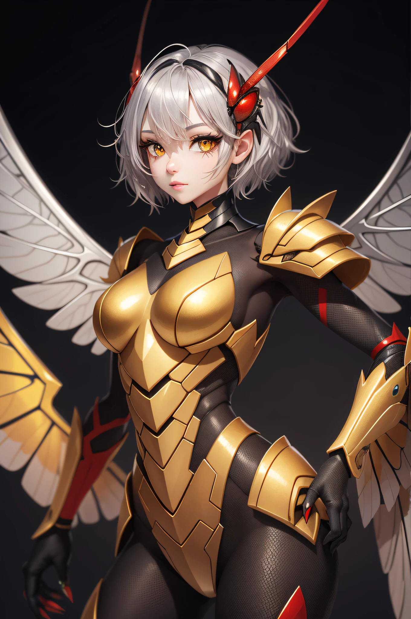 Mantis, (monster girl), short silver hair, golden eyes, red insect-like armor, silver mantis-like wings, red pincer hands with black n yellow circle, masterpiece, best quality