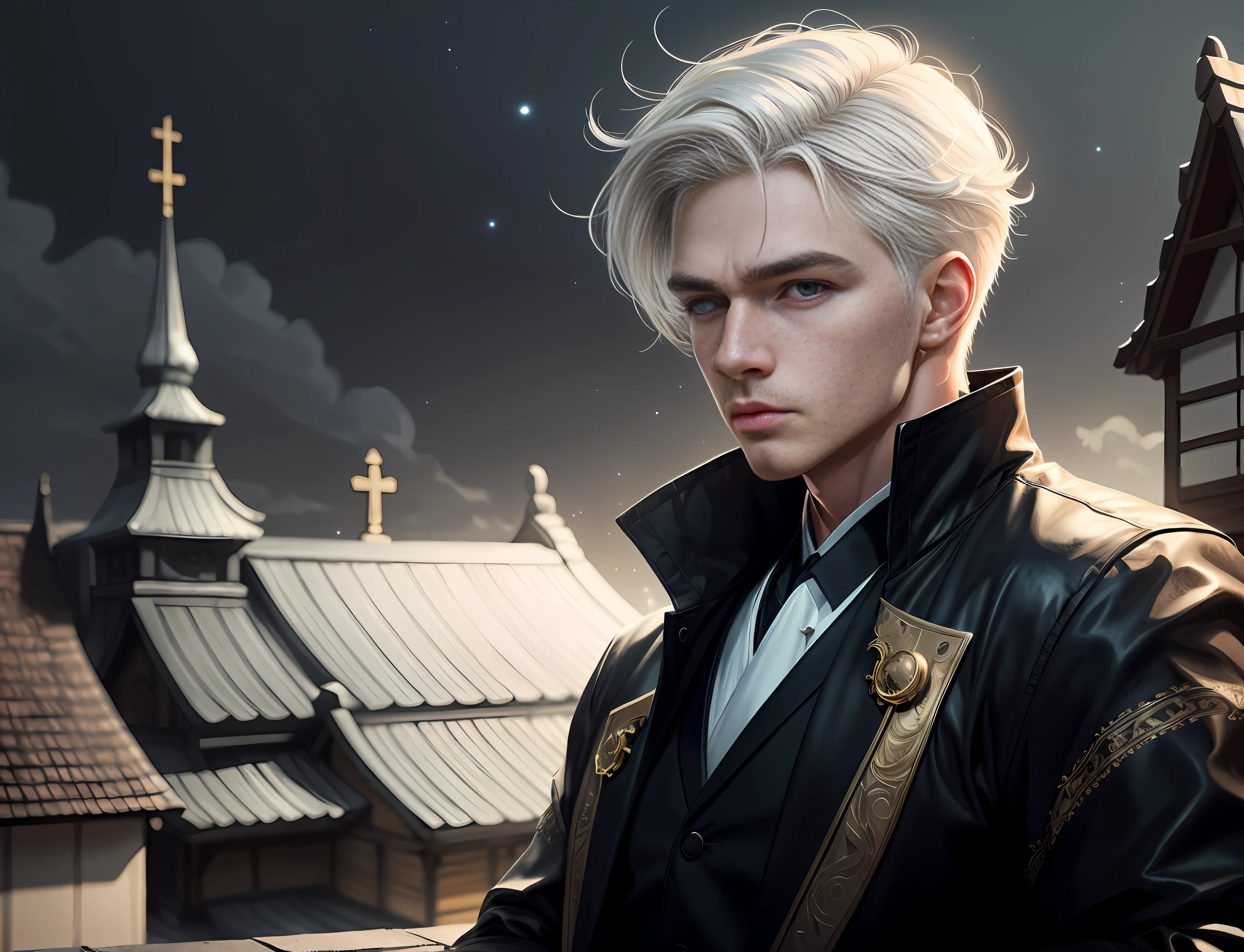blonde-haired man in white jacket and white shirt standing in front of a church, trendin at artstation, chengwei pan at artstation, artwork in guweiz style, handsome androgynous prince, handsome face in demon slayer art, inspired by yanjun cheng, fanart best artstation, portrait of magical blonde prince, by yang j, xqc,  Rooftops, dark night many stars and a moon, dark place, nocturnal --auto