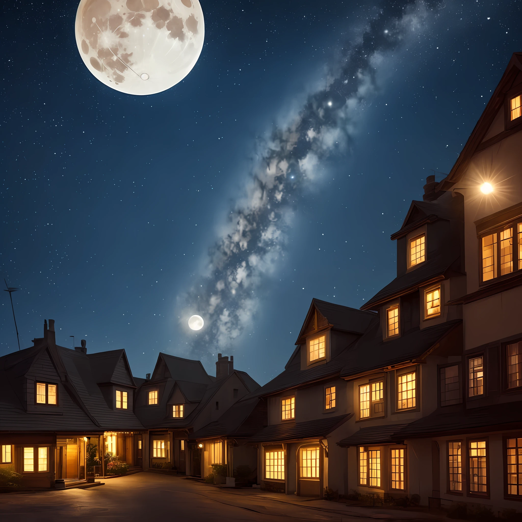 Rooftops, dark night with many stars and a moon, in a dark and nocturnal place.