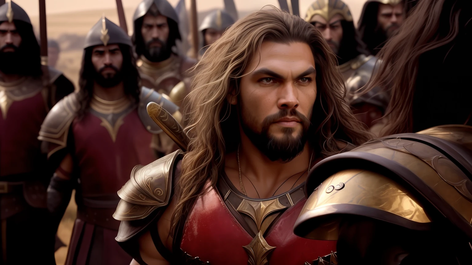 a close up of a man in armor standing in front of a group of people, biblical epic movie, jason momoa as assyrian, persian warrior, alexander the great, handsome prince of persia, prince of egypt, in screenshot from the 300 movie, still from a fantasy movie, with leonidas beard, from warcraft