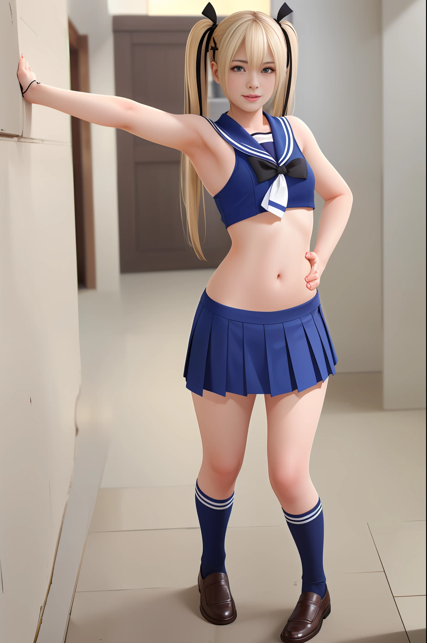 Best Quality, Best Quality, 8k Quality, 1 Girl, Full Body, Marie Rose, Smile, Embarrassing, Blushing, Sailor Suit, (Navel: 1.2), (Hard Nipples)), (A Little Slender Body), Dark Blue Micro Mini Pleated Skirt, White Thighs, Standing Pose, Thrusting Hips Forward, Stone Hallway, Dark Blue High Socks, Brown Loafers, (Arms Behind Head), (Show Off Armpits), staring at the viewer, (((sexy lips)), frontal shots, professional lighting, professional photography