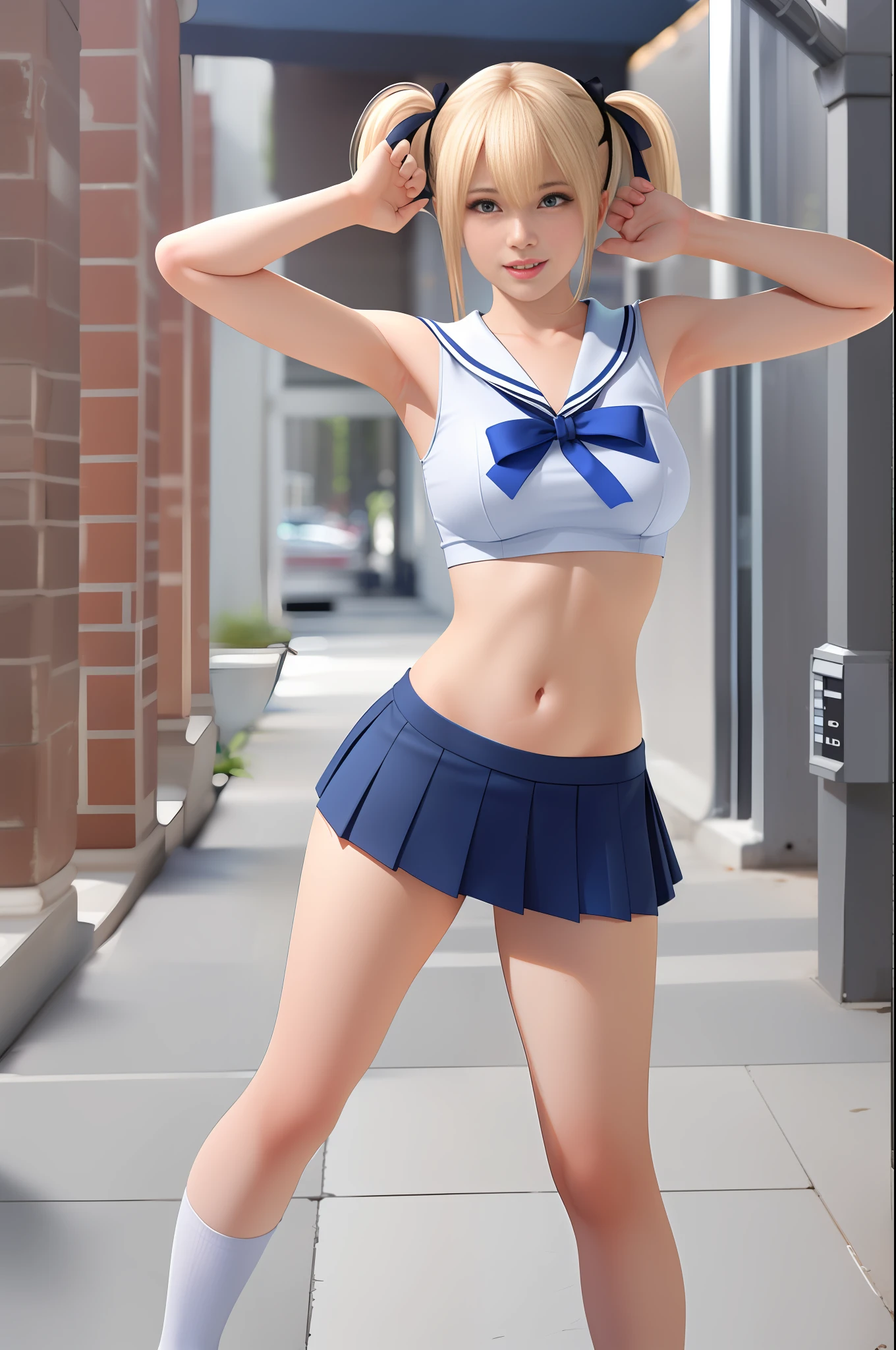 Best Quality, Best Quality, 8k Quality, 1 Girl, Full Body, Marie Rose, Smile, Embarrassing, Blushing, Sailor Suit, (Navel: 1.2), (Hard Nipples)), (A Little Slender Body), Dark Blue Micro Mini Pleated Skirt, White Thighs, Standing Pose, Thrusting Hips Forward, Stone Hallway, Dark Blue High Socks, Brown Loafers, (Arms Behind Head), (Show Off Armpits), staring at the viewer, (((sexy lips)), frontal shots, professional lighting, professional photography