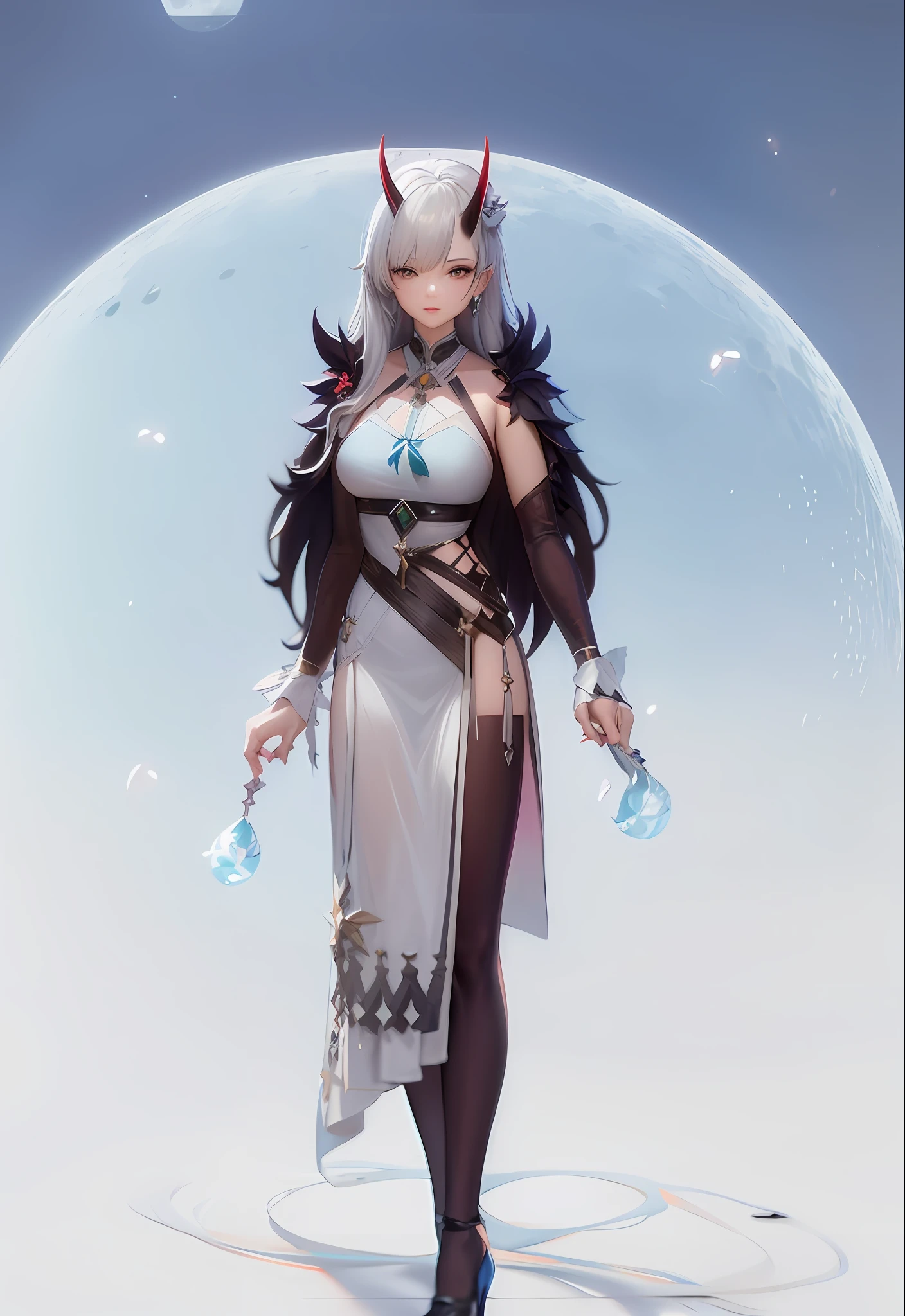 anime character with horns and a dress standing in front of a full moon, lunar themed attire, fantasy outfit, in game render, astral witch clothes, from the azur lane videogame, ayaka genshin impact, highly detailed full body, azur lane style, anime highly detailed, clear outfit design, 8k octae render photo, beautiful celestial mage