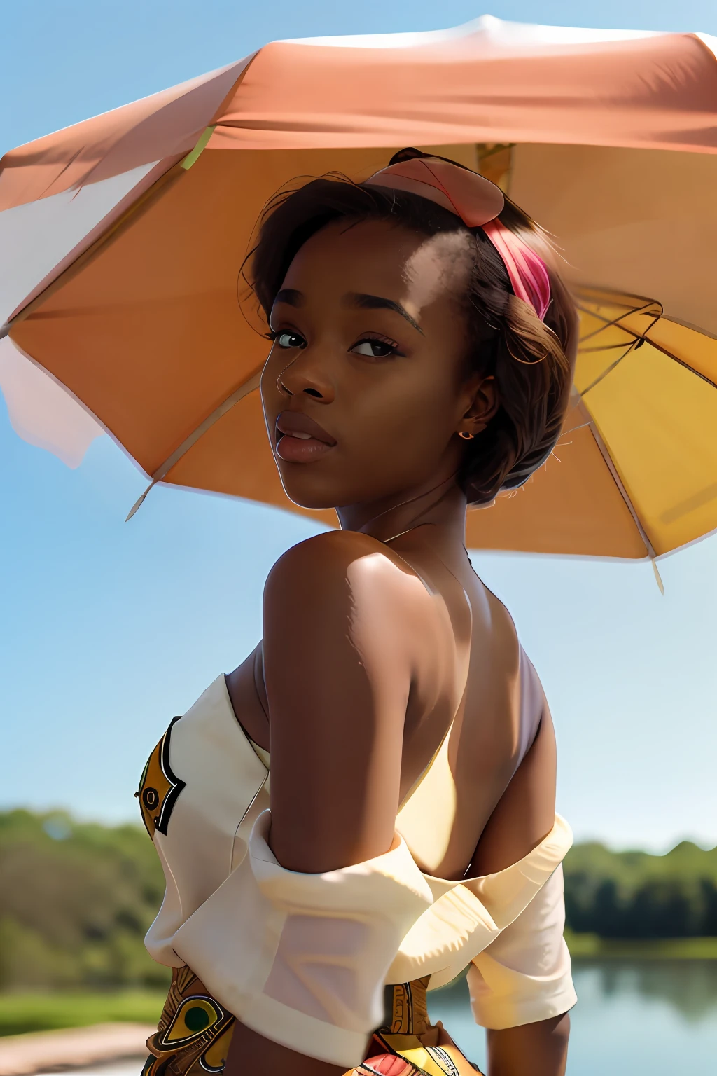 (((very colorful))) ((hyper realistic)) full torso photograph of a young 24 year old (((African woman))) in a flowery silky richly textured short gold buttoned dress with thigh length slit lounging in a beautiful (richly decorated) gazebo by a lush blue lake on a pleasant day subject between the sun and photographer, bright sunny day, raw, greatness, indie, and full of magical nature activity, brightly magically lit, shot with professional lenses, Panavision motion still, hyper detailed textures, Kodak Portra 400 film, ((35 mm lens)), with (double exposure and long exposure techniques) and (((light leaks))), (((60's retro vibes))), afrocreative — David Fincher, Emmanuel Lubezki, Gordon Parks, Daido Moriyama, Akinbode Akinbiyi, (((Hasselblad))) ((backlighting))