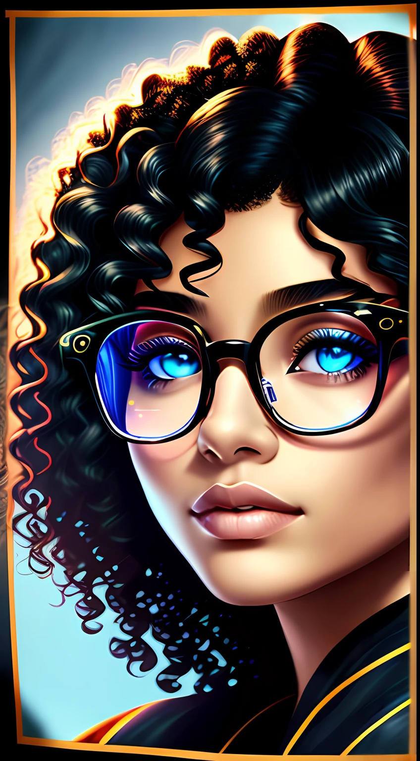 Blue banner, face black woman, curly hair, Brazilian, with glasses frame in black acetate --auto