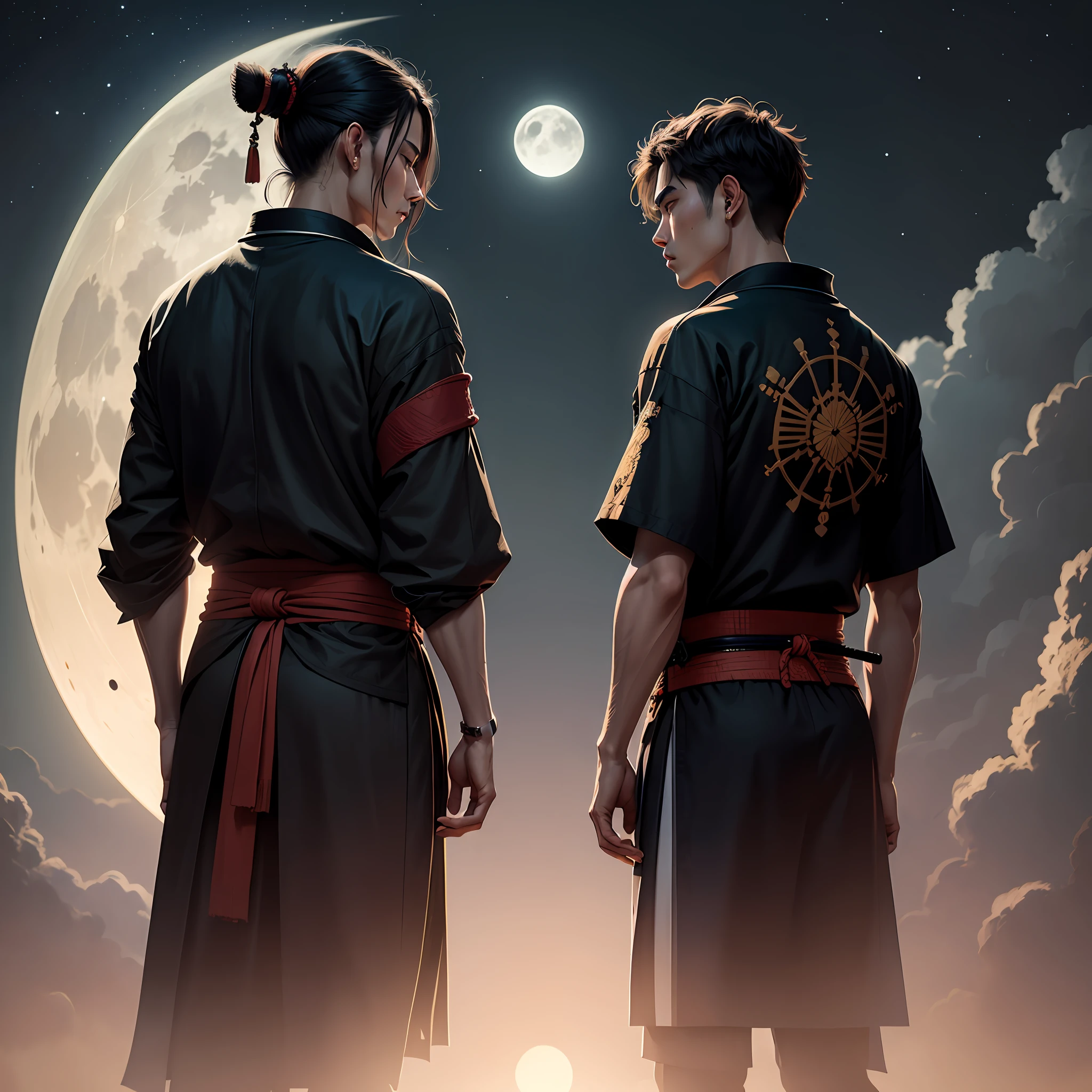 Draw two male samurai on their backs, dressed in black, as they watch the moon. --auto