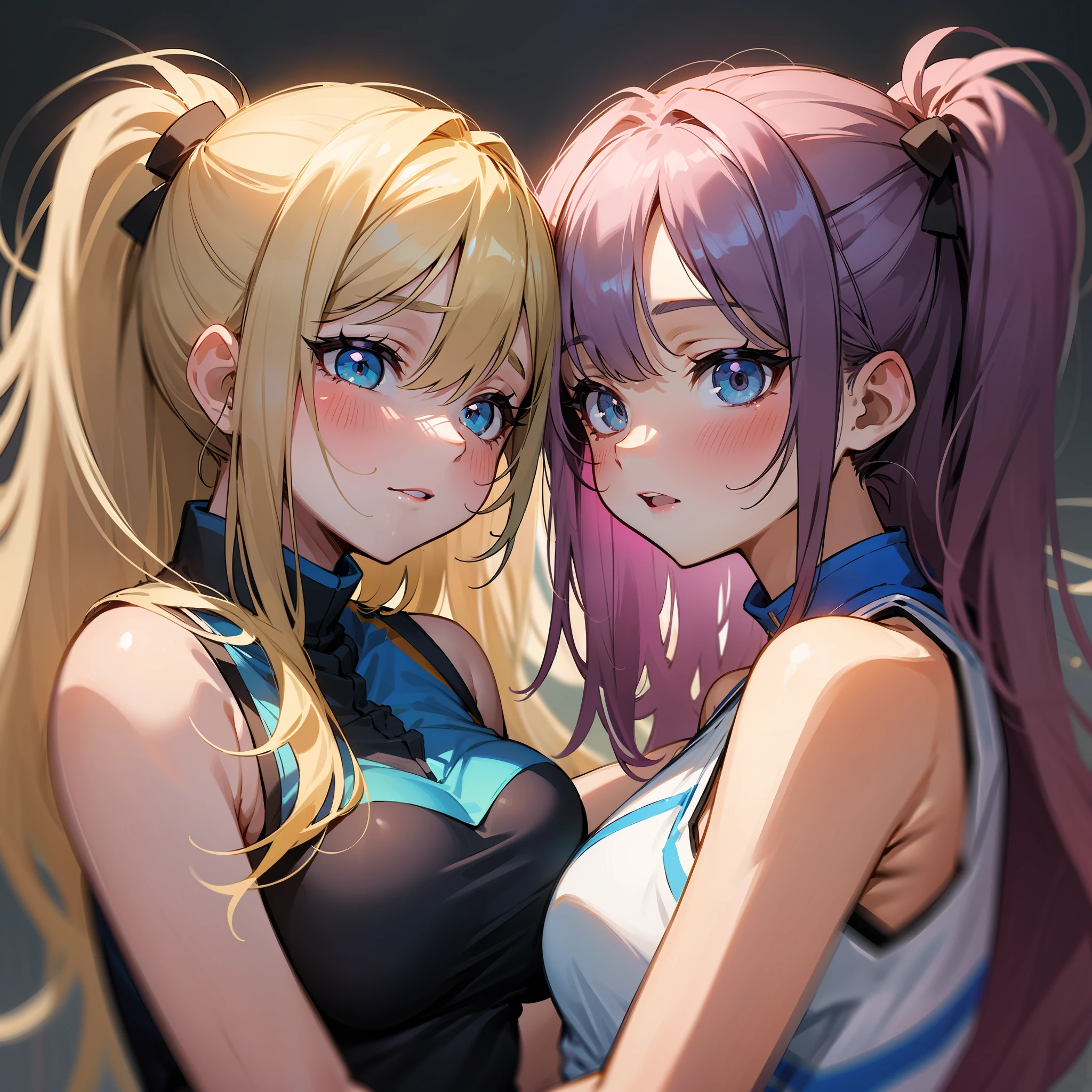 master-piece, hyper quality, hyper detailed, perfect drawing, high-resolution, two beautiful girls, cheerleader, sleeveless shirt, miniskirt, ansco, pom-pom, lovers, staring at each other, hugging each other's breasts pressed against each other, staring at each other, moist eyes, half-open lips, beautiful, blush (0.2), sensual, seduction, ecstasy, indulgence, bust up, forward light, shooting from the front diagonally below, precise drawing, detailed drawing, accurate human body structure,