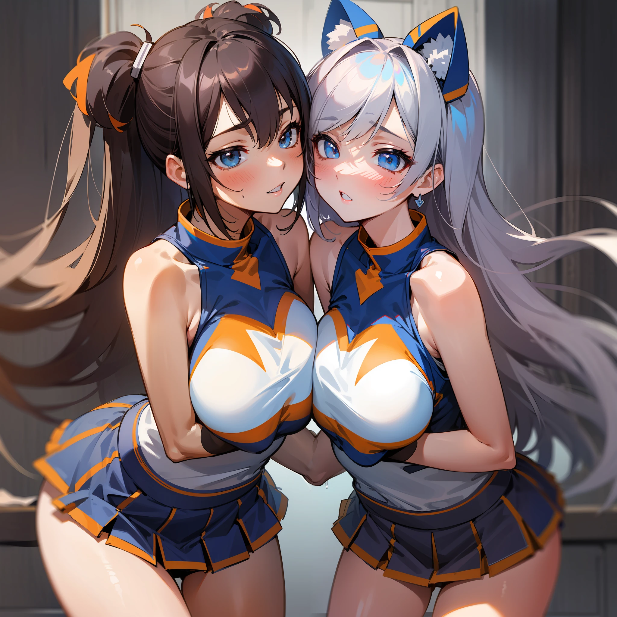 master-piece, hyper quality, hyper detailed, perfect drawing, high-resolution, two beautiful girls, cheerleader, sleeveless shirt, miniskirt, ansco, pom-pom, lovers, staring at each other, hugging each other's  pressed against each other, staring at each other, moist eyes, half-open lips, beautiful, blush (0.2), sensual, , , indulgence, bust up, forward light, shooting from the front diagonally below, precise drawing, detailed drawing, accurate human body structure,