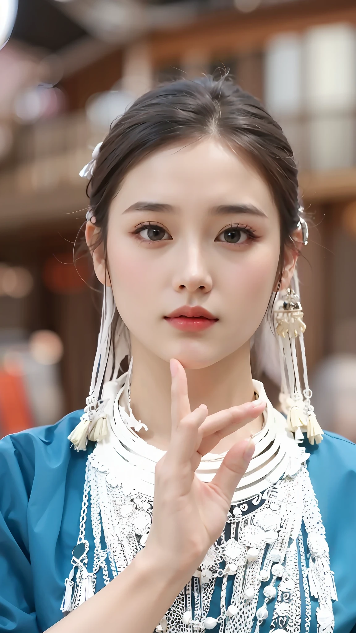 a close up of a woman with a finger on her lips, chinese girl, traditional beauty, very beautiful face, ancient chinese beauties, ruan jia beautiful!, extremely beautiful face, beautiful aesthetic face, traditional chinese, chinese woman, detailed face of a asian girl, dilraba dilmurat, gorgeous chinese model, chinese style, beautiful render of tang dynasty