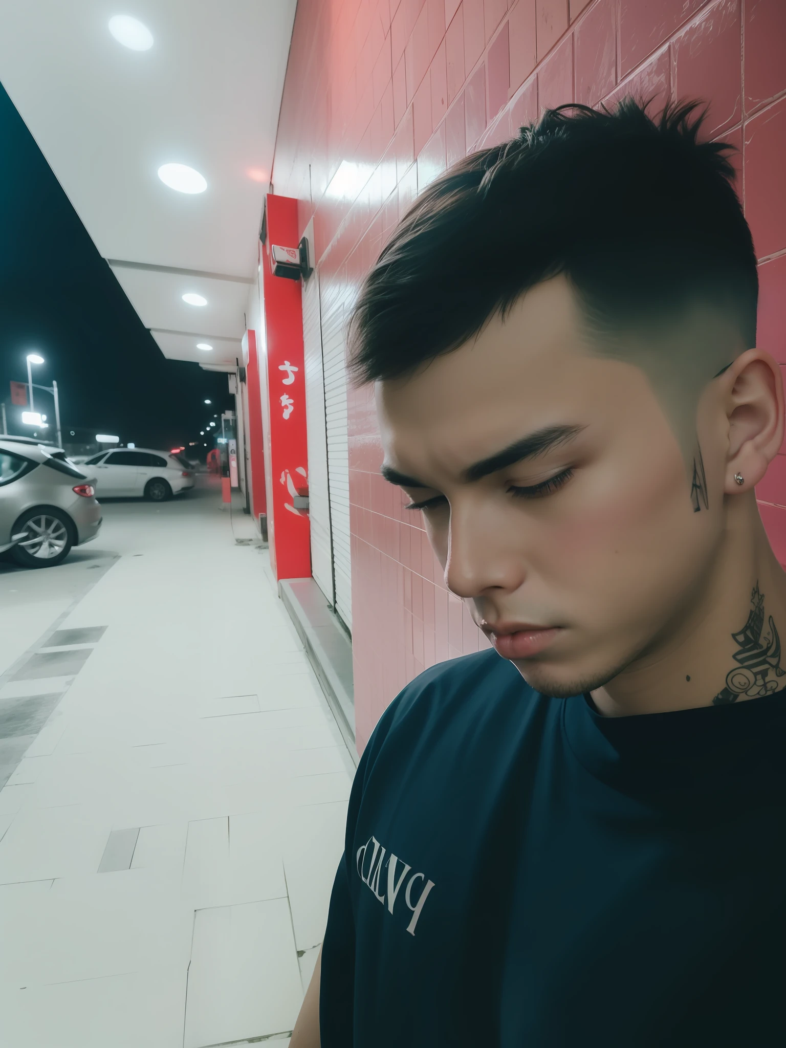 20-year-old boy with Brazilian face and round chin without beard, short hair, crop haircut, black eyes, no pimples on his face and with tattoo under his eye with red ink written love in Japanese, cyberpunk style scenario, 4k, realistic