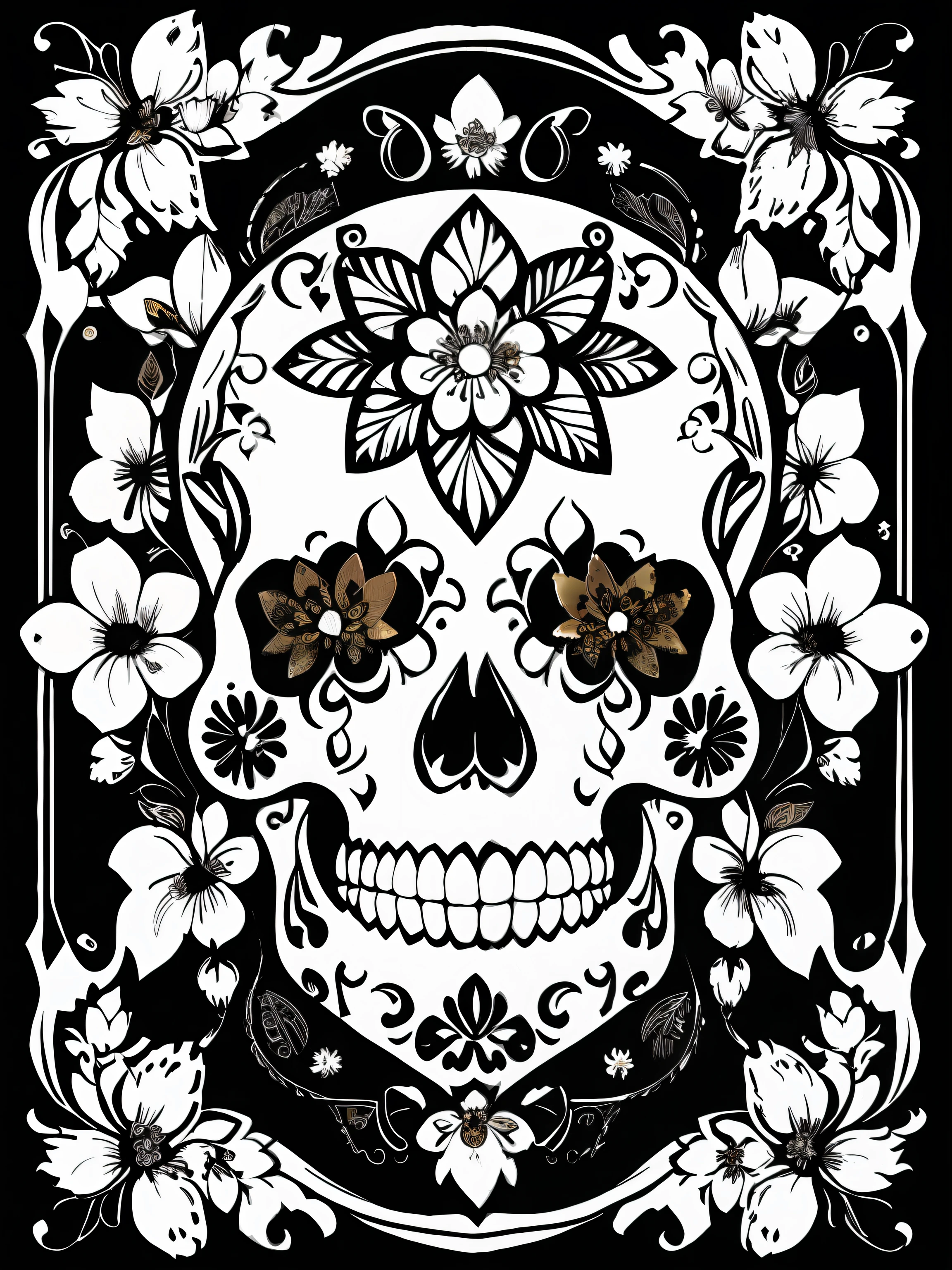 (Best quality), (masterpiece), (ultra detailed), (high detail), (extremely detailed), decorated sugar skull + black and white ink + detailed texture + magic + symmetrical + symmetry + bouquet of flowers + flowers + vines + detailed ink illustration + art nouveau + tarot card with ornate border frame + flowers + white, black and white background, coloring page, vector, lineart, black and white, 64k